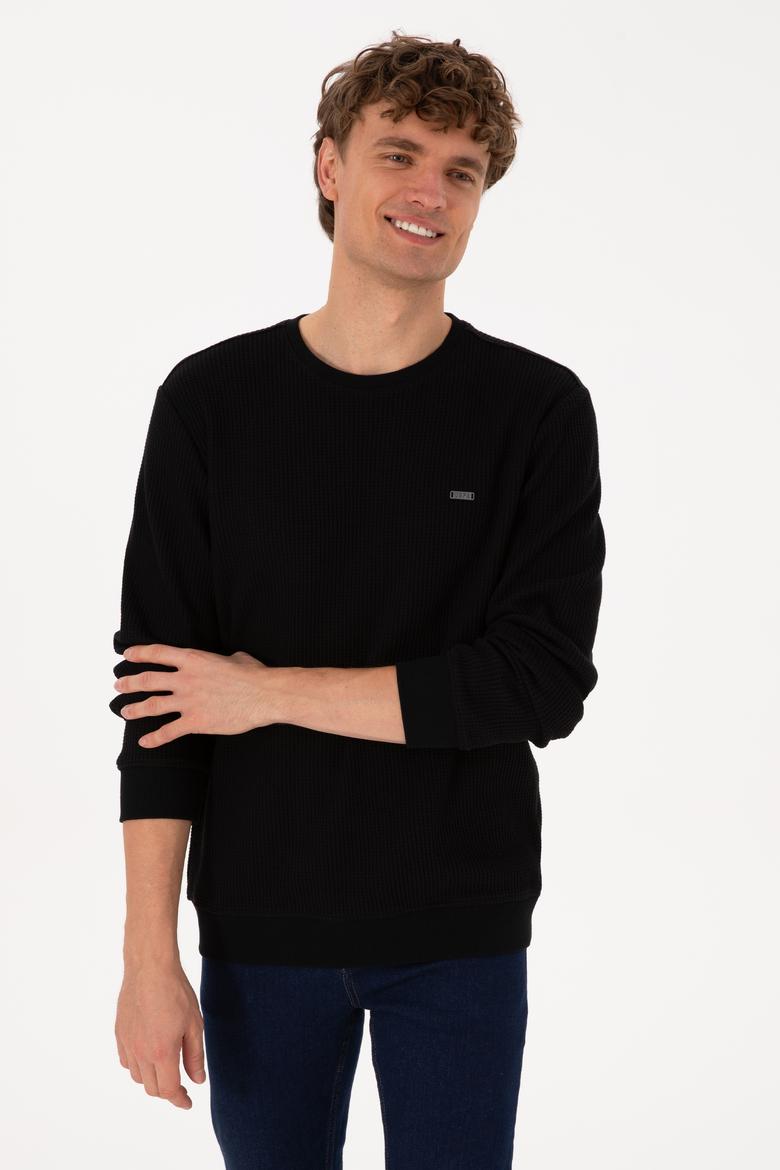 Erkek Bisiklet Yaka Regular Fit Petek Dokulu Siyah Sweatshirt