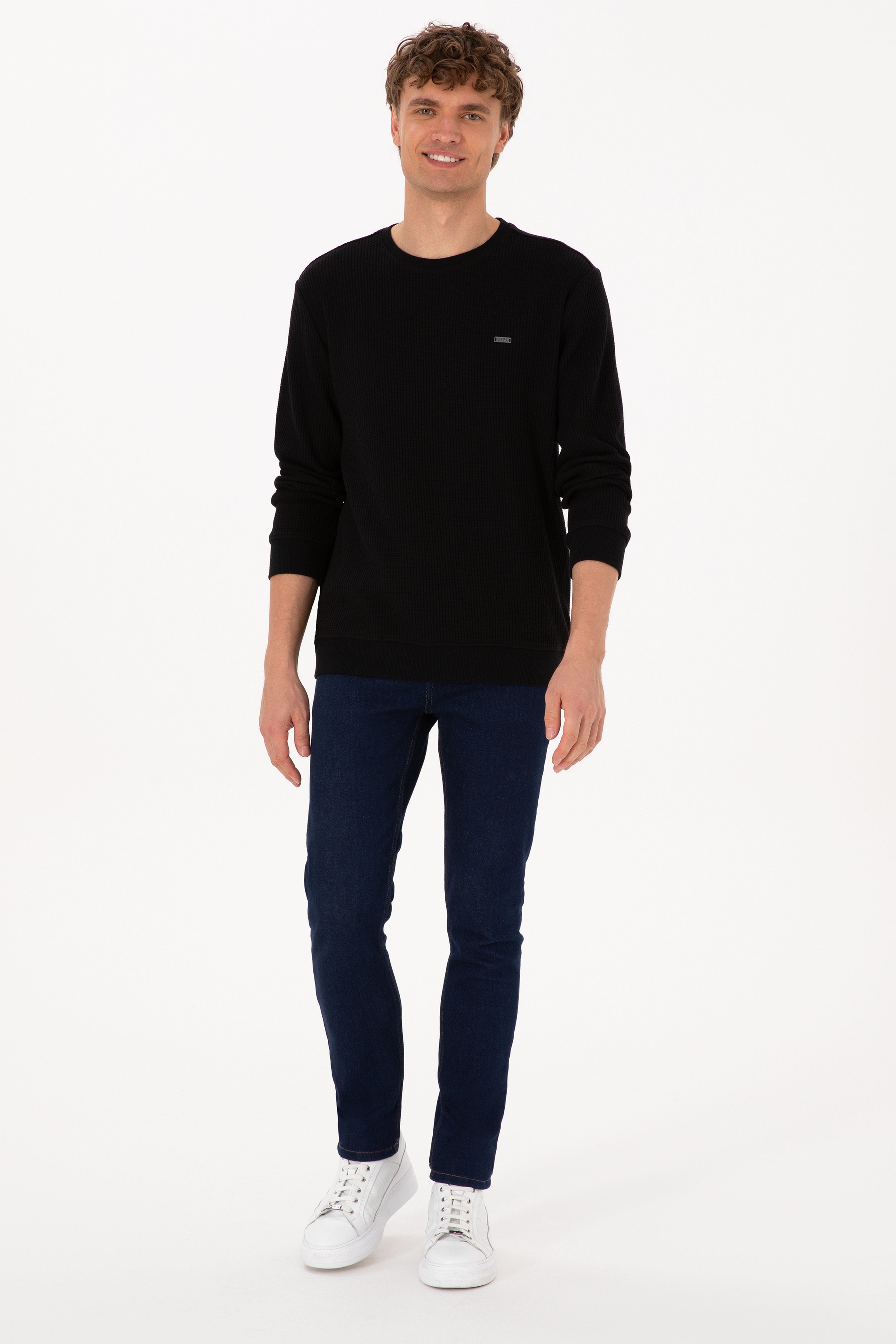 Erkek Bisiklet Yaka Regular Fit Petek Dokulu Siyah Sweatshirt