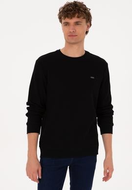 Erkek Bisiklet Yaka Regular Fit Petek Dokulu Siyah Sweatshirt - 50316304028