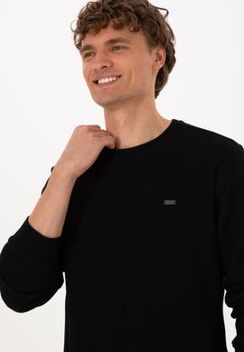 Erkek Bisiklet Yaka Regular Fit Petek Dokulu Siyah Sweatshirt - 50316304028