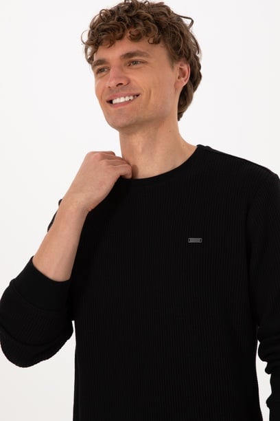 Erkek Bisiklet Yaka Regular Fit Petek Dokulu Siyah Sweatshirt