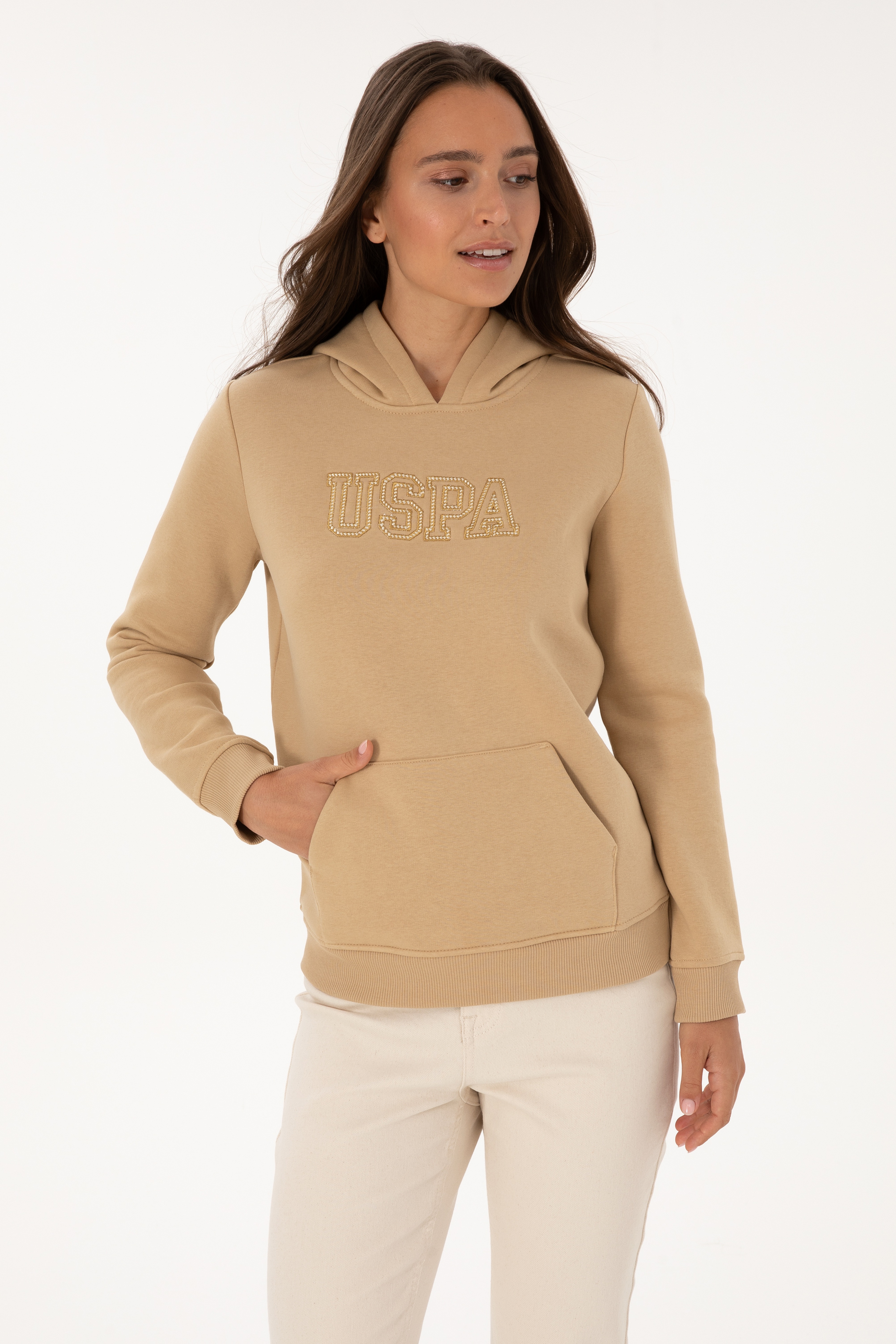 Kadın Kum Şardonlu Kapüşonlu Basic Sweatshirt - Image 3