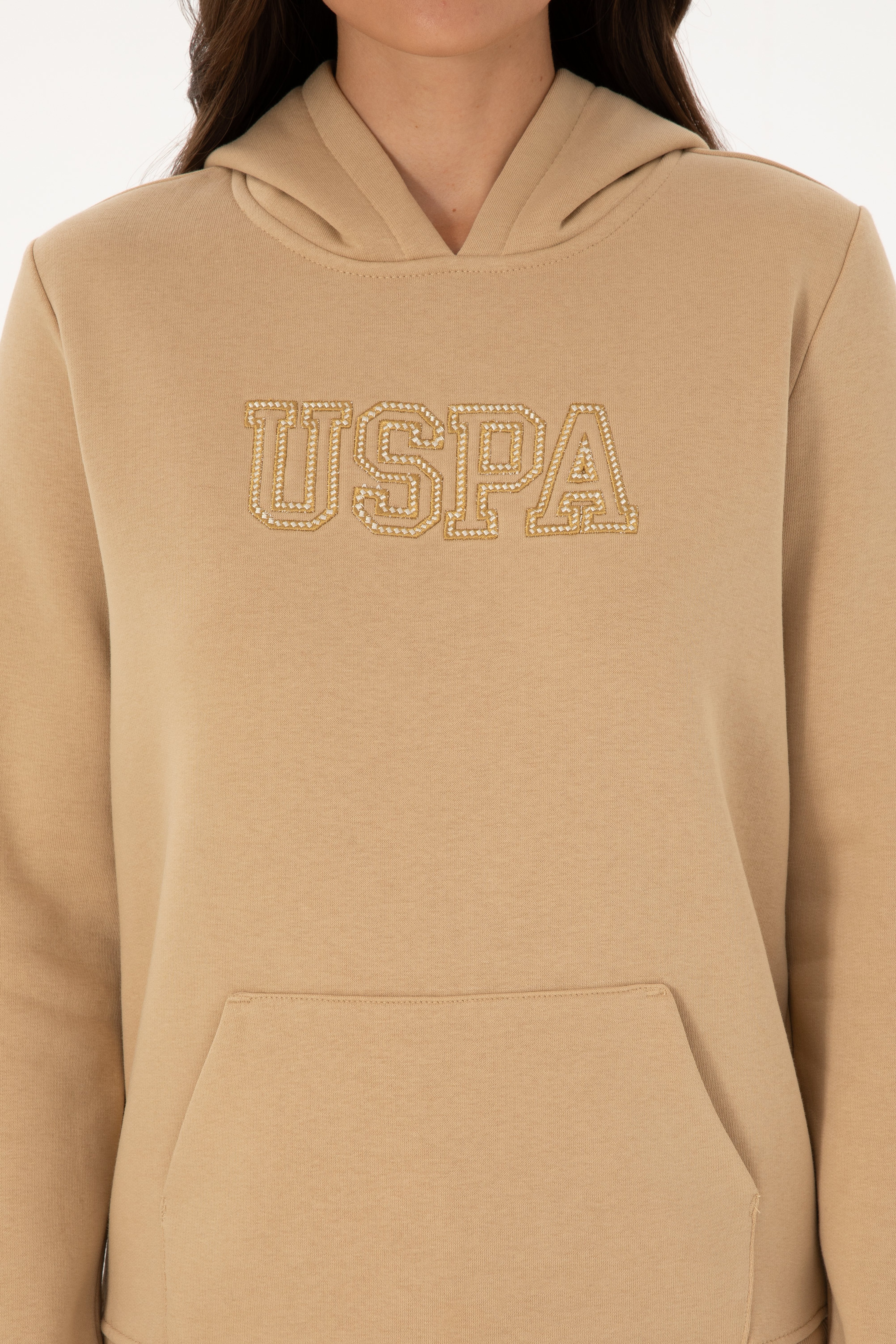 Kadın Kum Şardonlu Kapüşonlu Basic Sweatshirt - Image 6