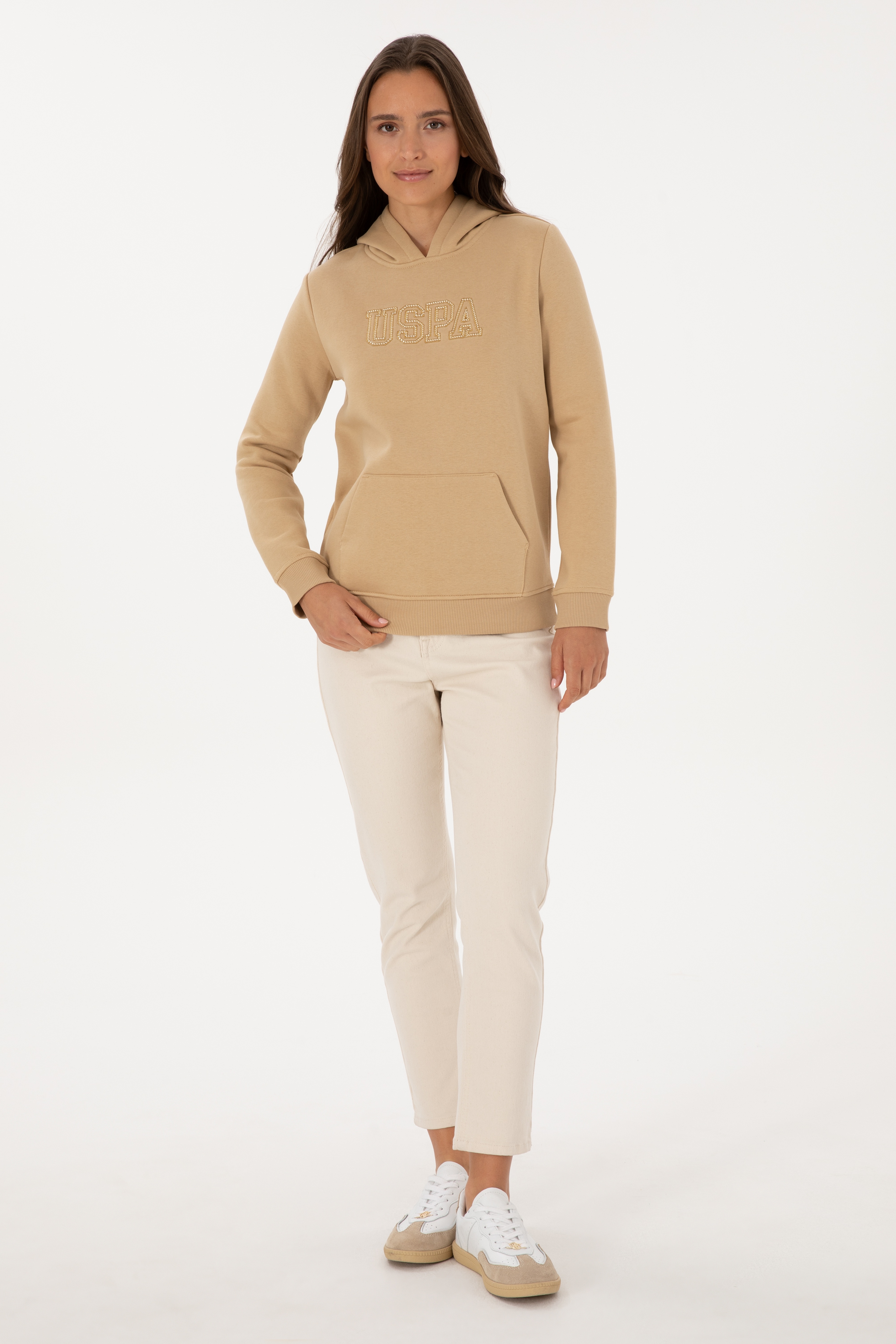 Kadın Kum Şardonlu Kapüşonlu Basic Sweatshirt - Image 4