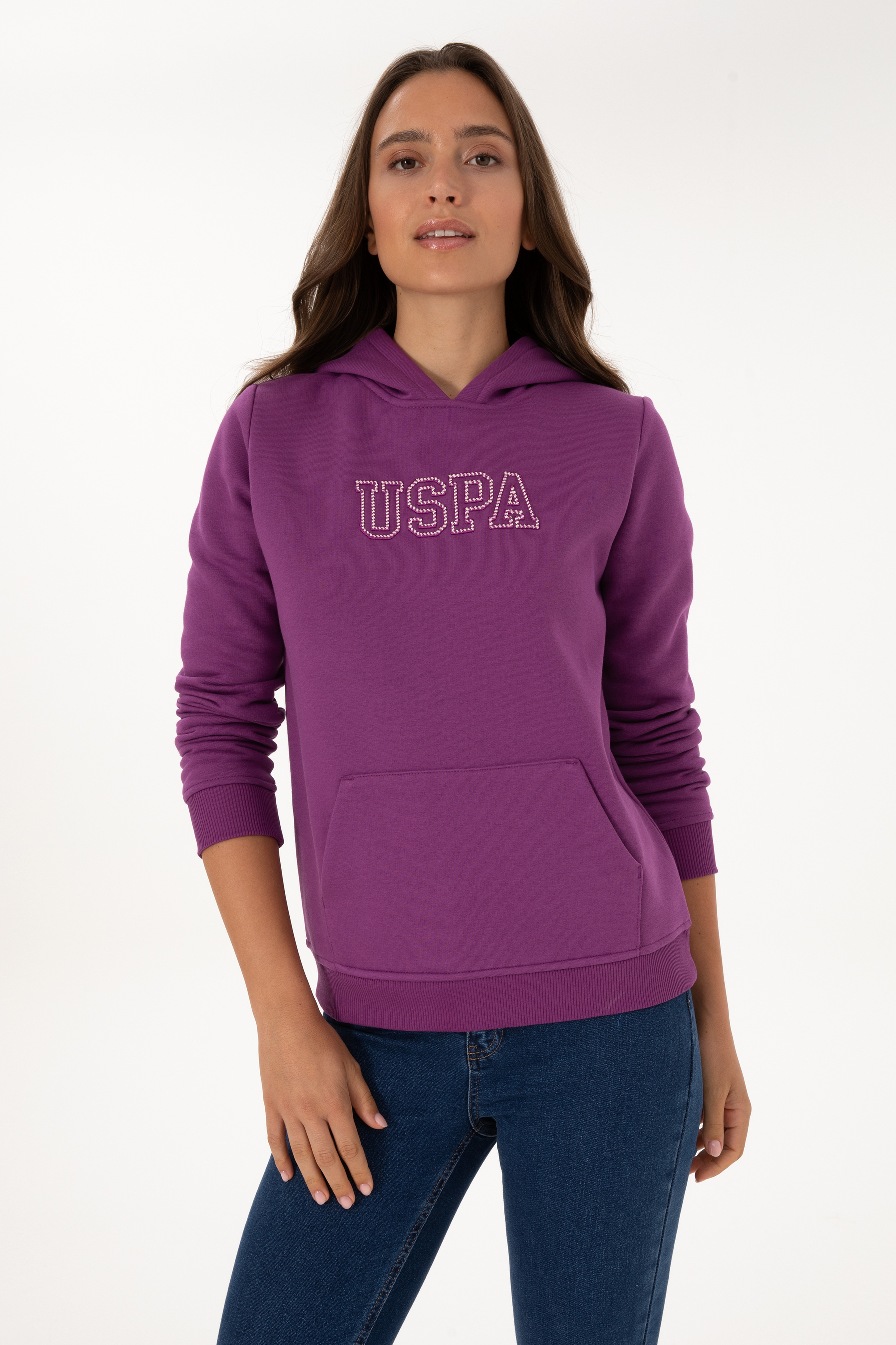 Kadın Menekşe Şardonlu Kapüşonlu Basic Sweatshirt - Image 3