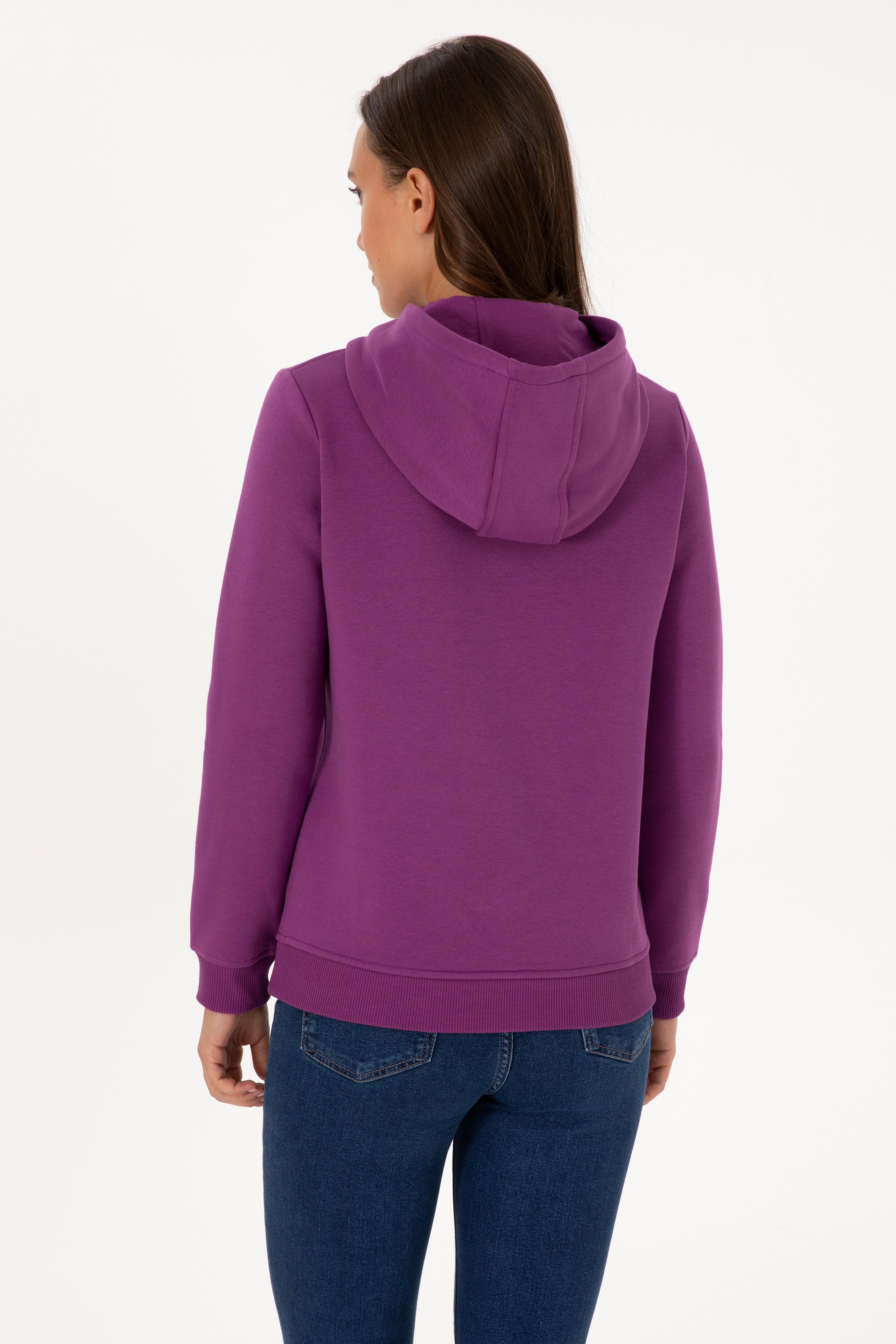 Kadın Menekşe Şardonlu Kapüşonlu Basic Sweatshirt - Image 5