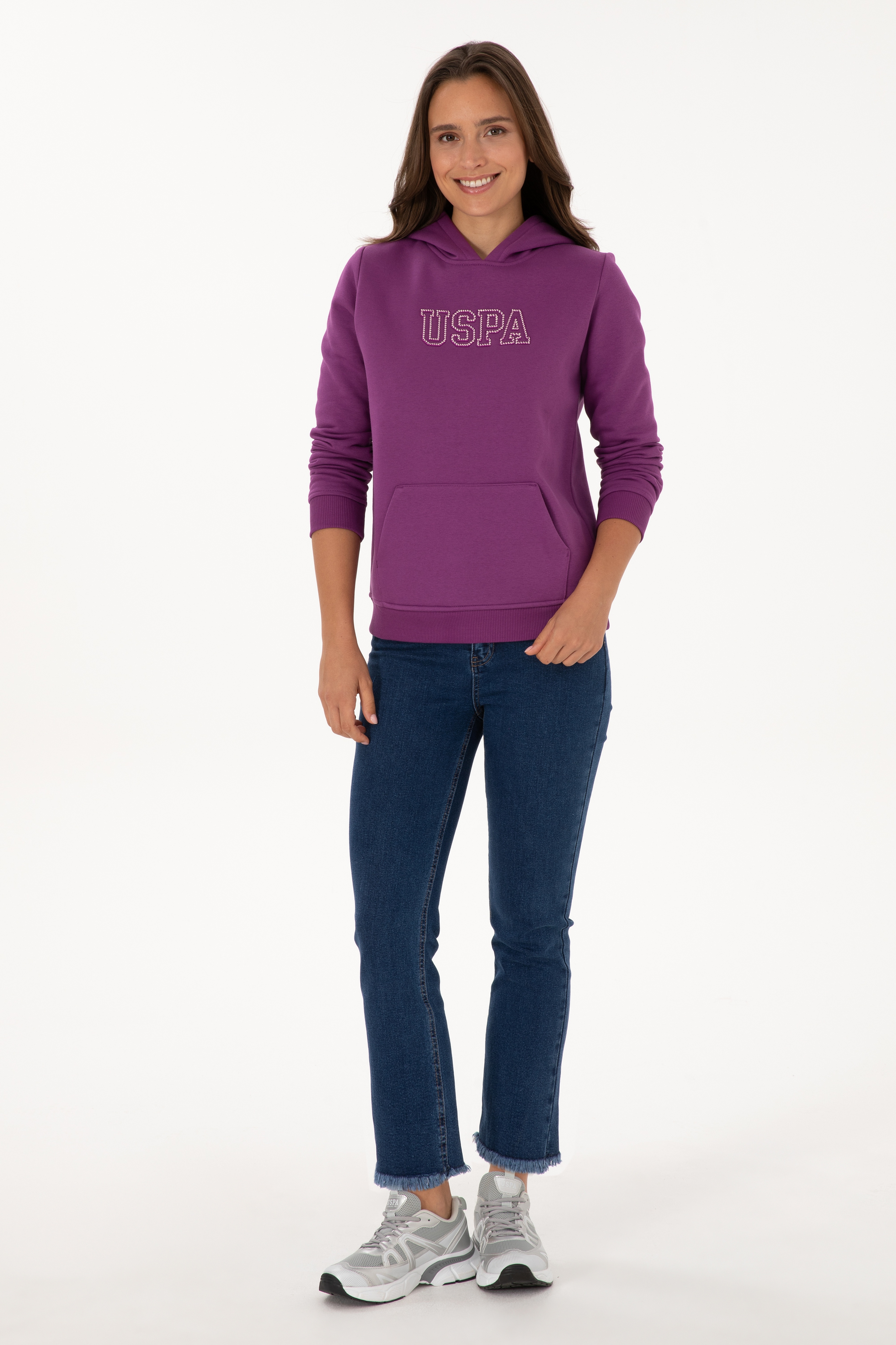 Kadın Menekşe Şardonlu Kapüşonlu Basic Sweatshirt - Image 4