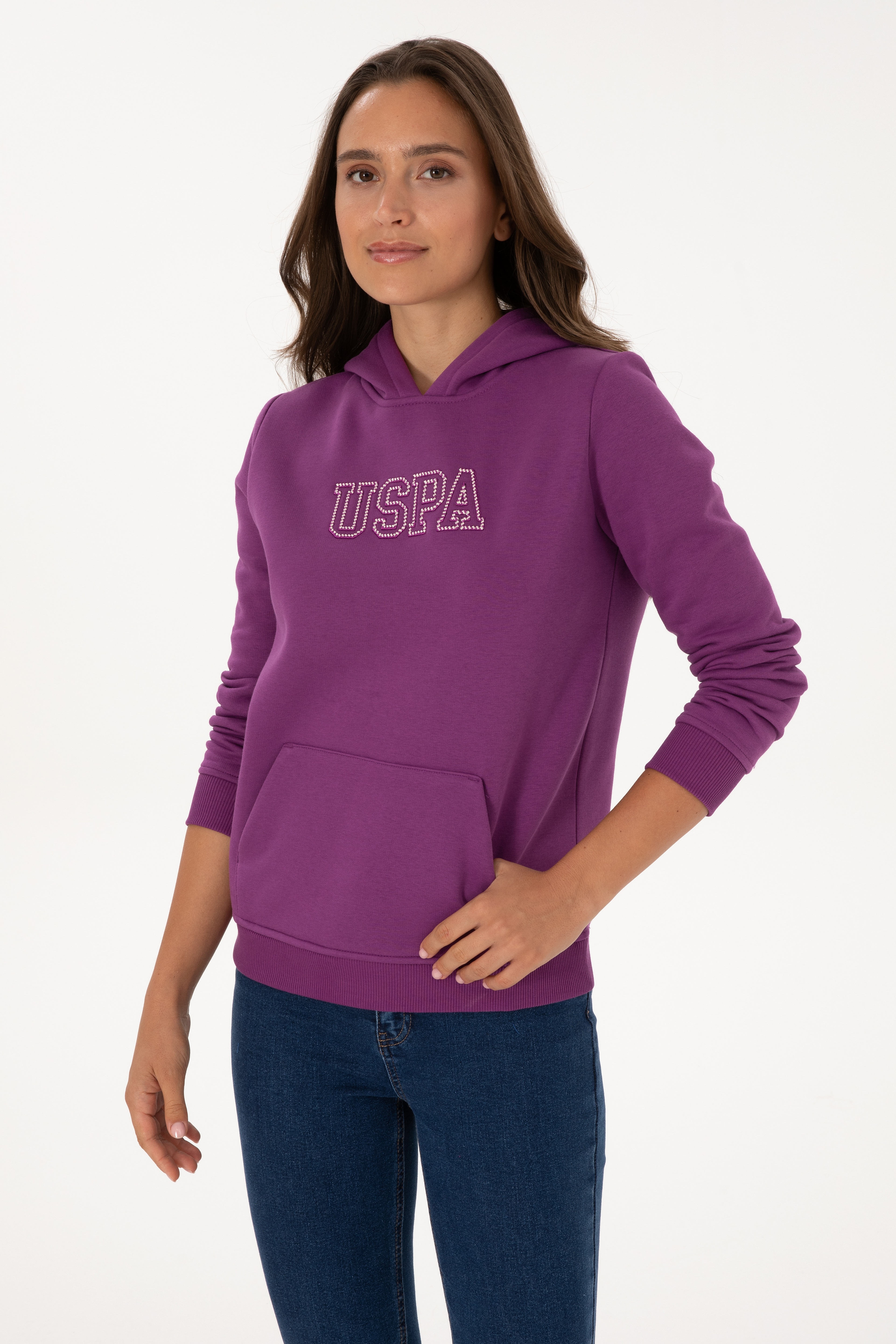 Kadın Menekşe Şardonlu Kapüşonlu Basic Sweatshirt - Image 1