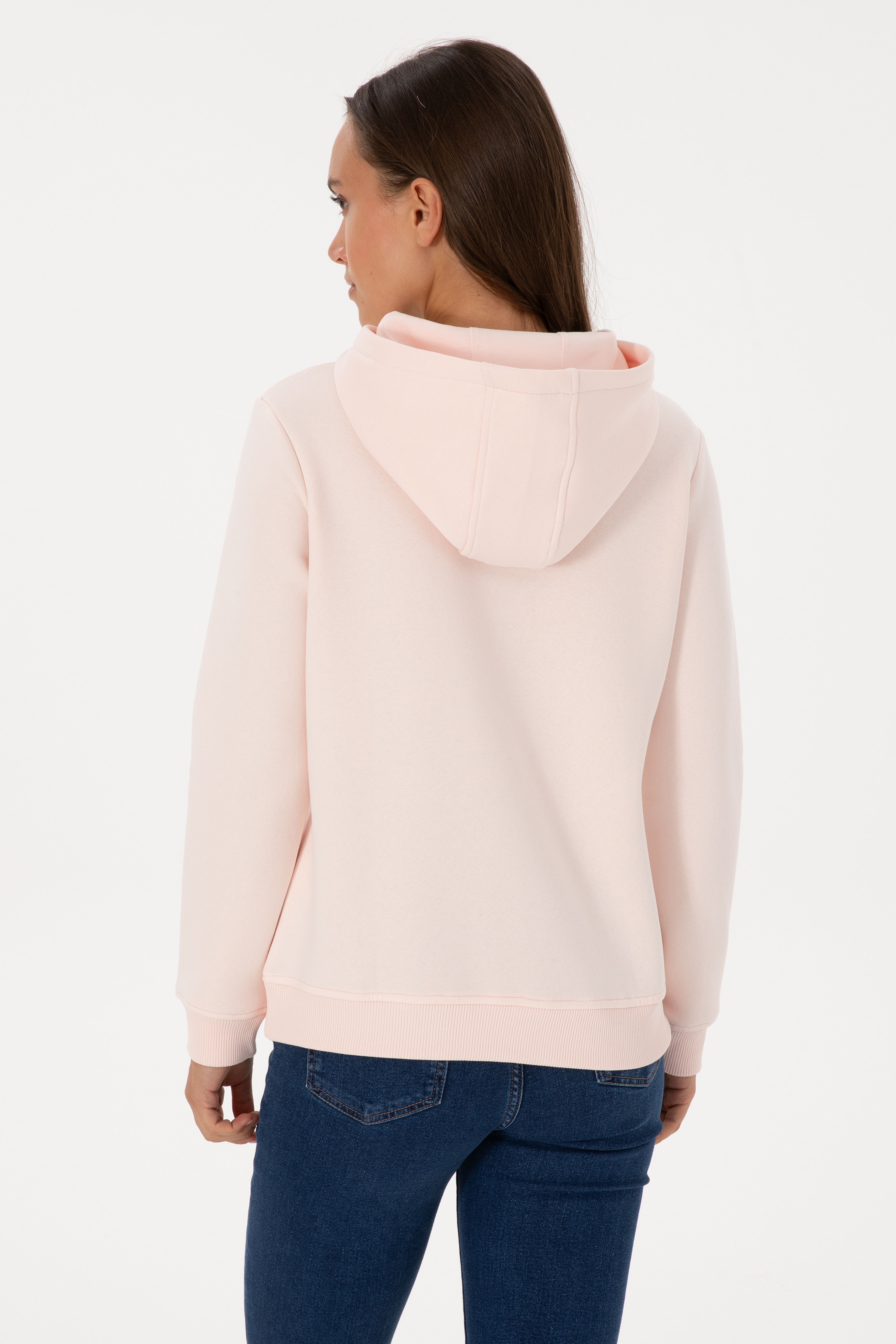 Kadın Açık Pembe Şardonlu Kapüşonlu Basic Sweatshirt - Image 5