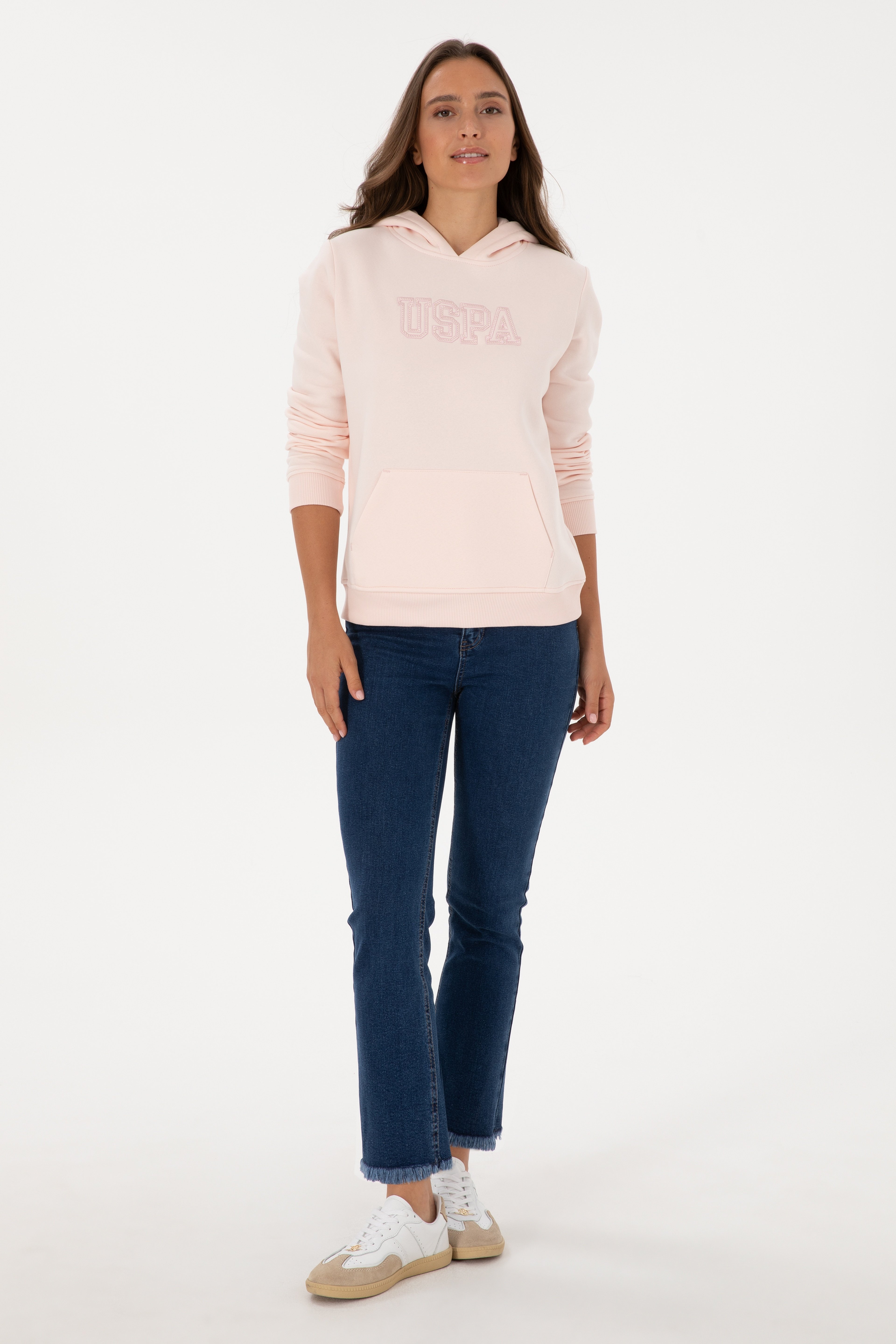 Kadın Açık Pembe Şardonlu Kapüşonlu Basic Sweatshirt - Image 4