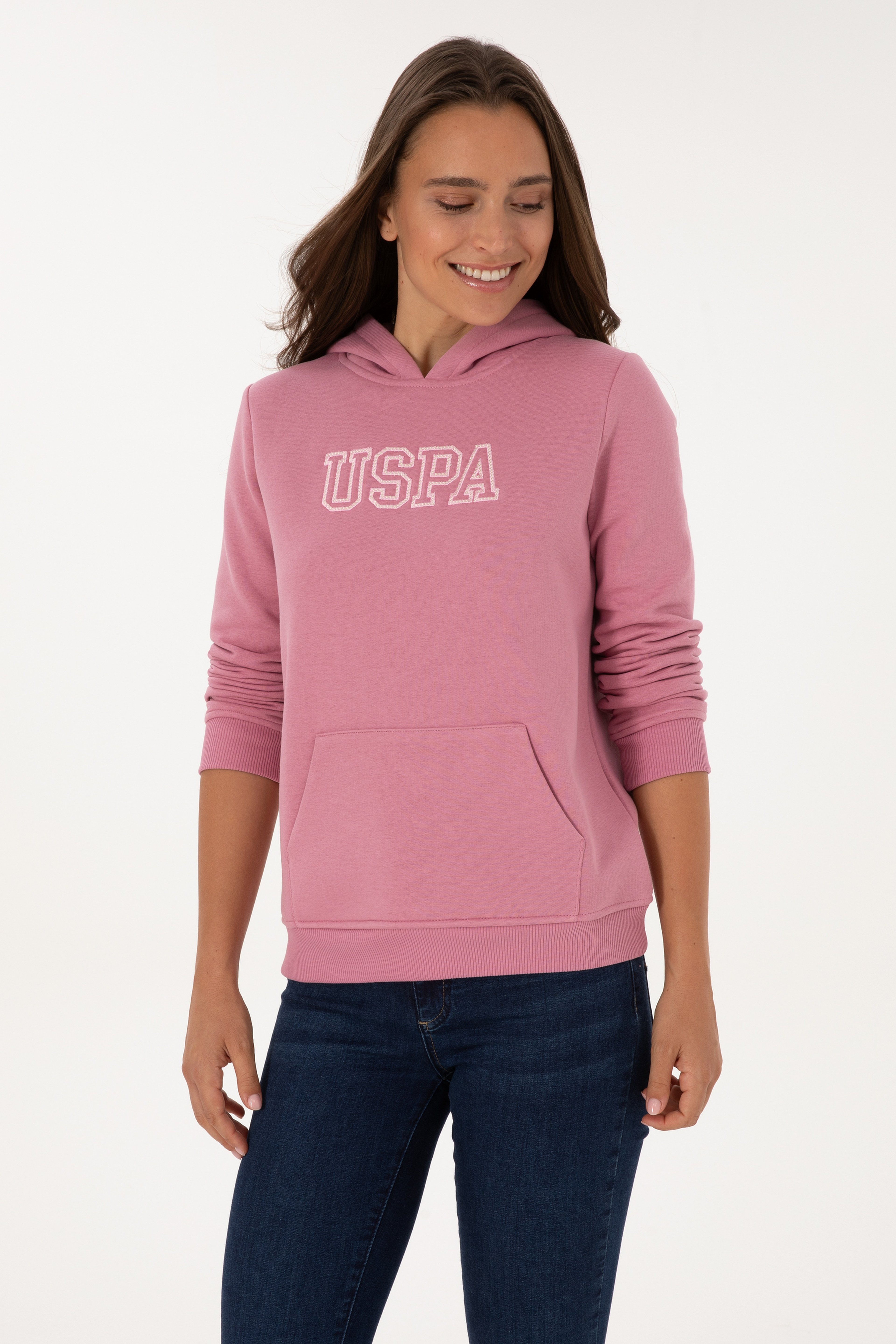 Kadın Koyu Pembe Şardonlu Kapüşonlu Basic Sweatshirt - Image 3
