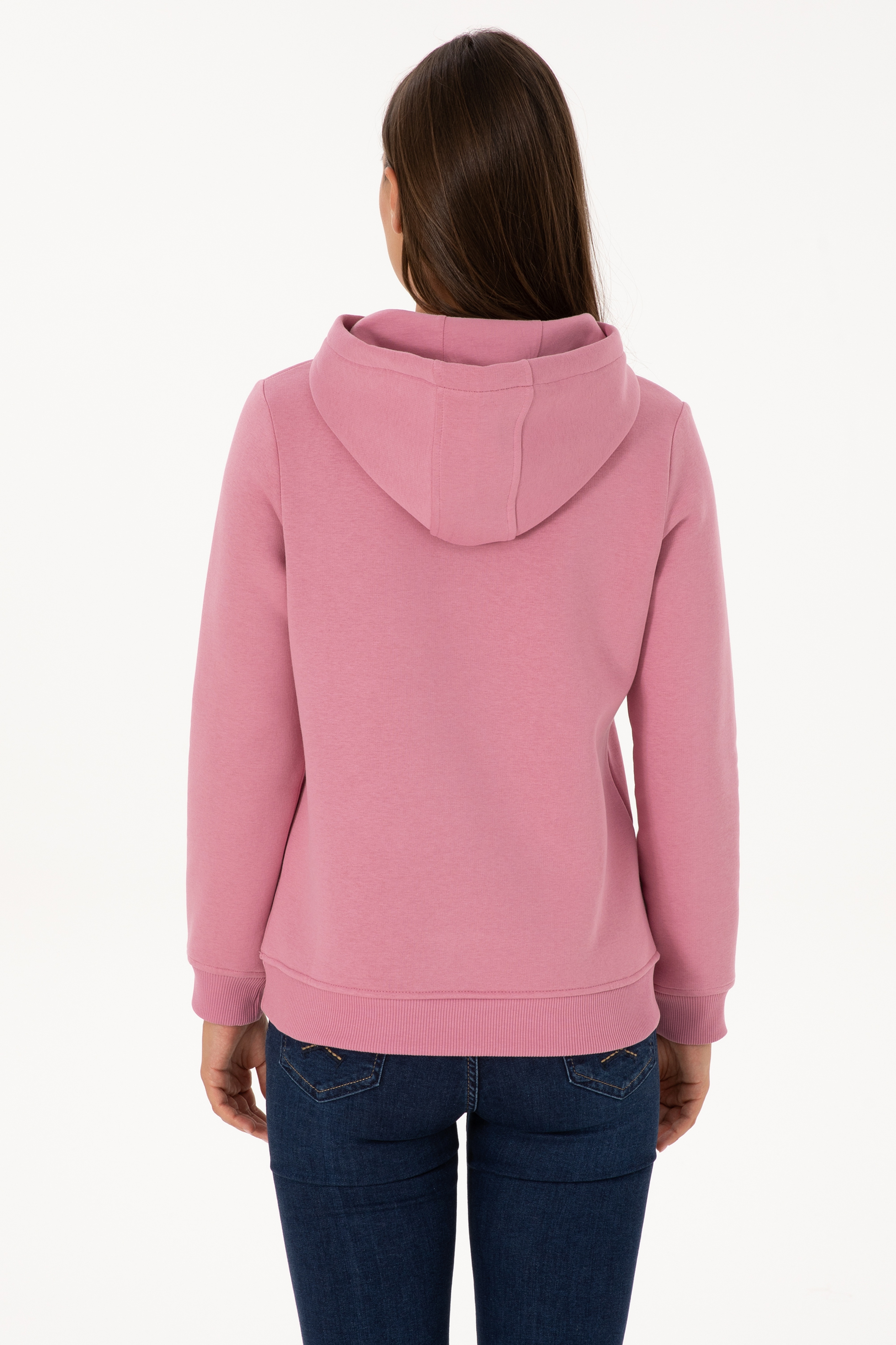 Kadın Koyu Pembe Şardonlu Kapüşonlu Basic Sweatshirt - Image 5