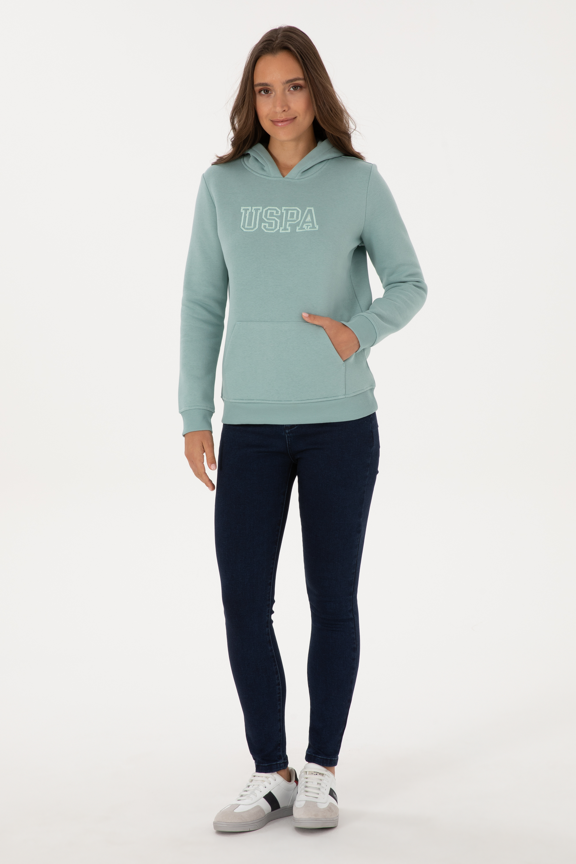 Kadın Mint Şardonlu Kapüşonlu Basic Sweatshirt - Image 4