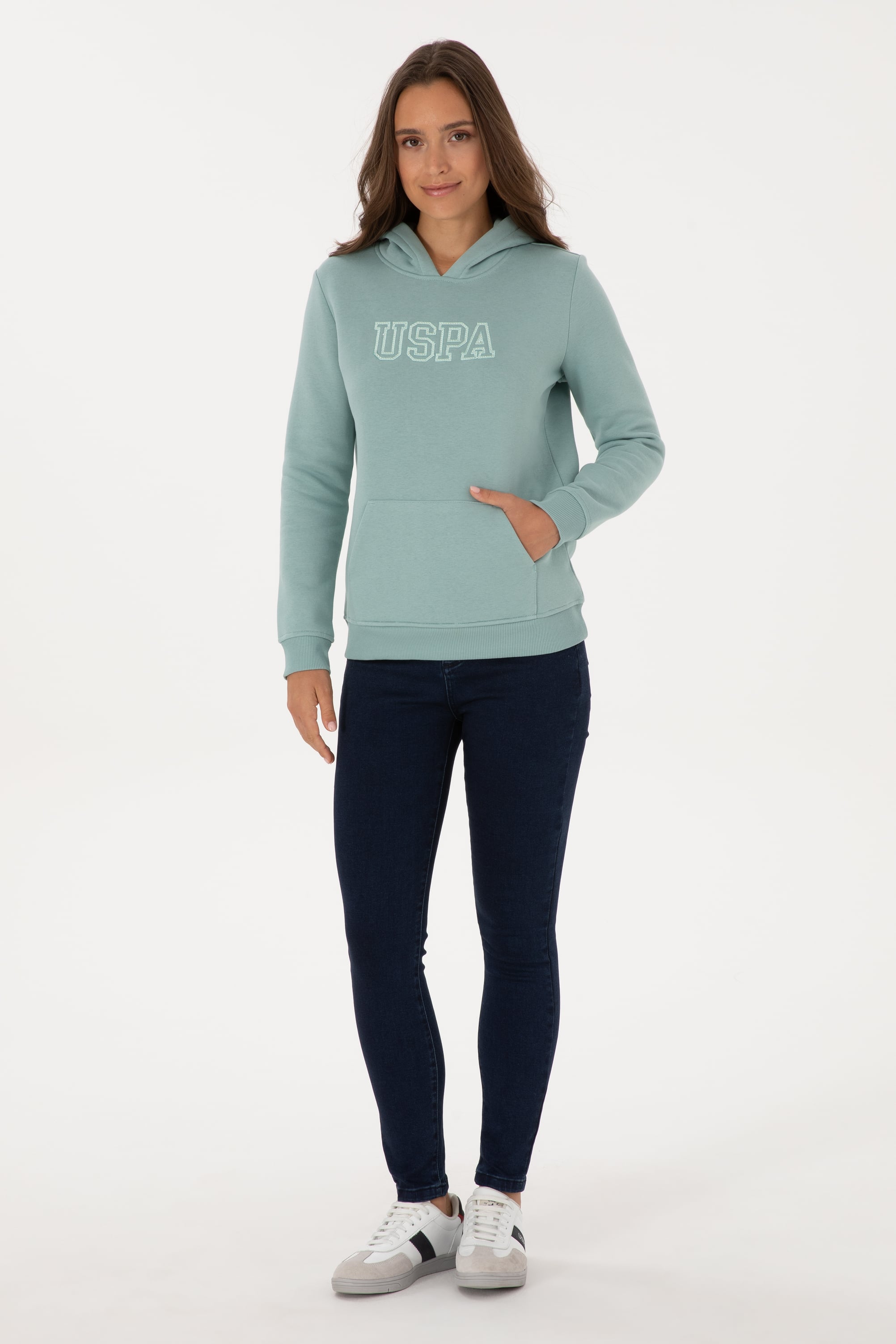 Kadın Mint Şardonlu Kapüşonlu Basic Sweatshirt
