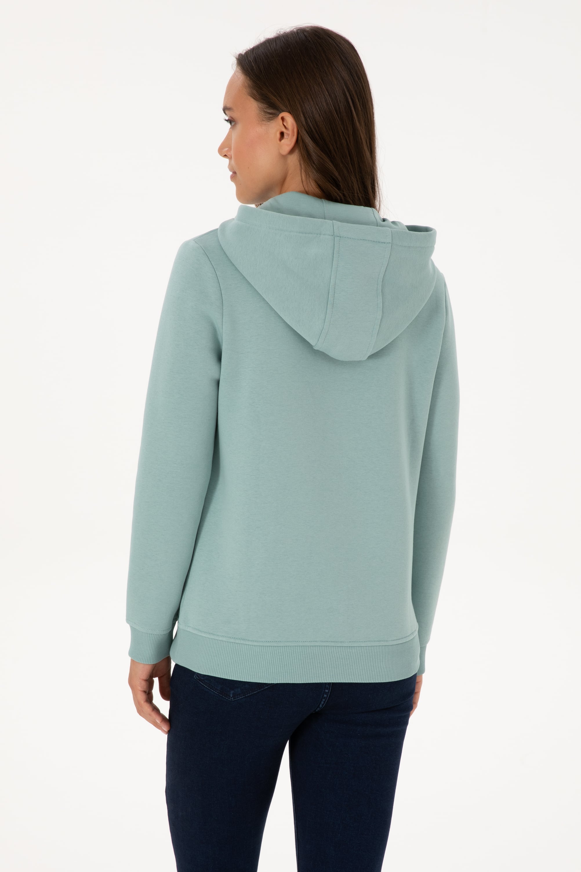 Kadın Mint Şardonlu Kapüşonlu Basic Sweatshirt