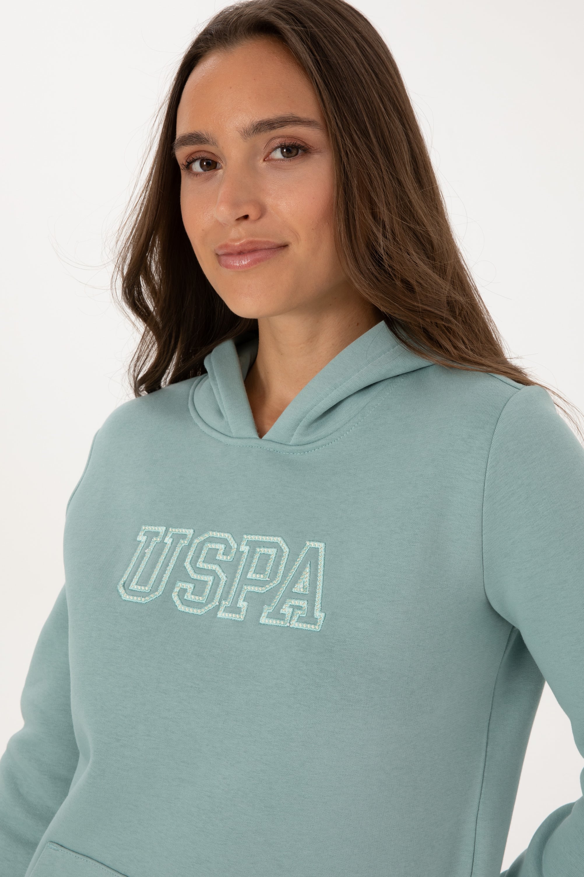 Kadın Mint Şardonlu Kapüşonlu Basic Sweatshirt