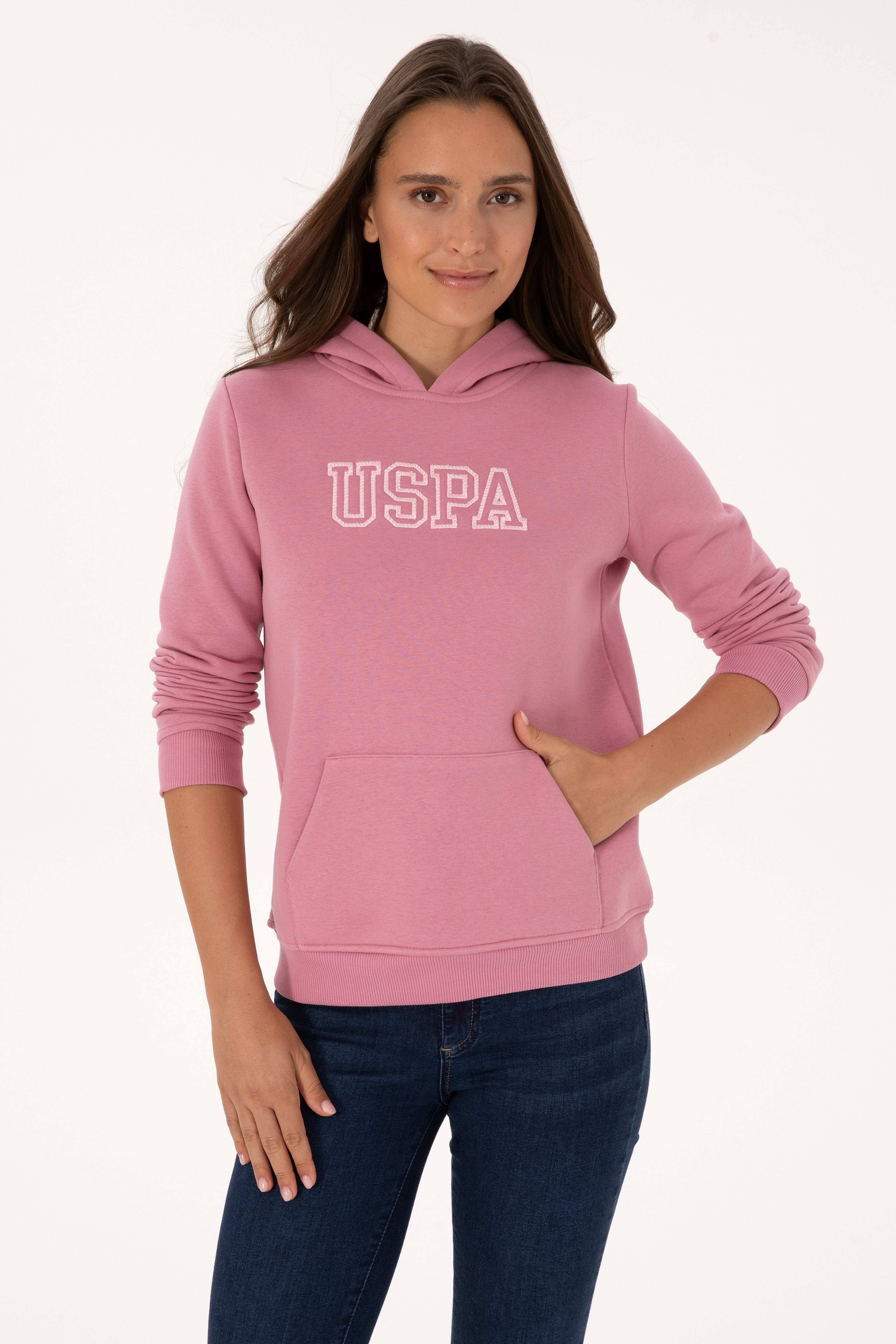 Kadın Koyu Pembe Şardonlu Kapüşonlu Basic Sweatshirt - Image 1