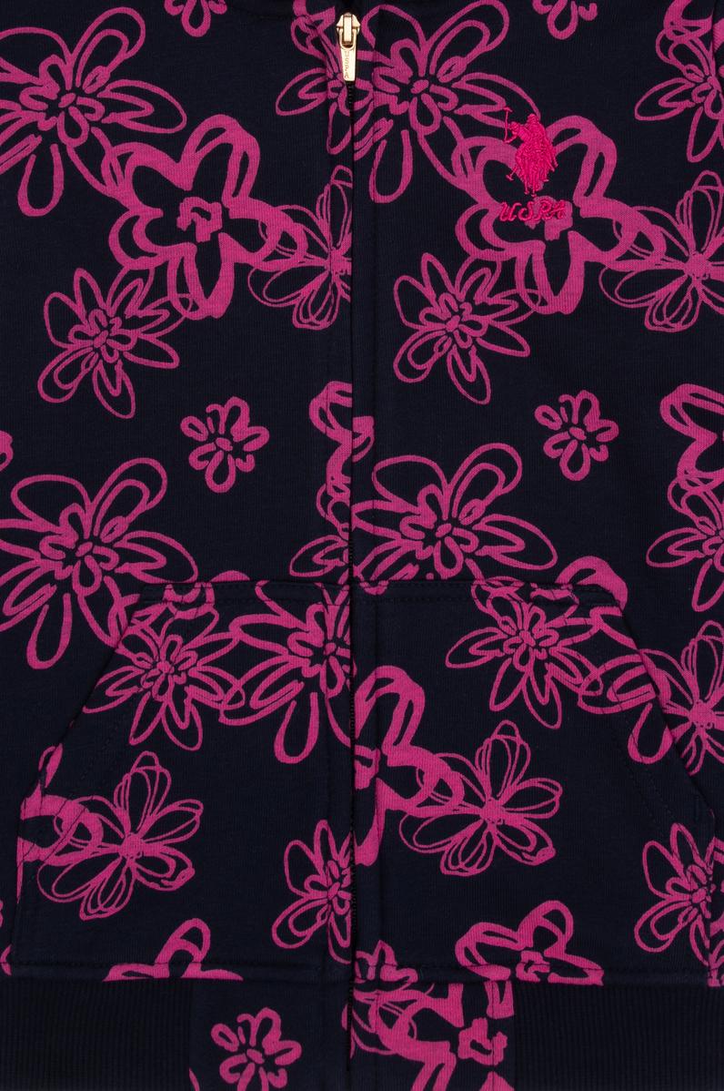 Kız Çocuk Lacivert Kapüşonlu Fermuarlı Çiçek Desenli Sweatshirt