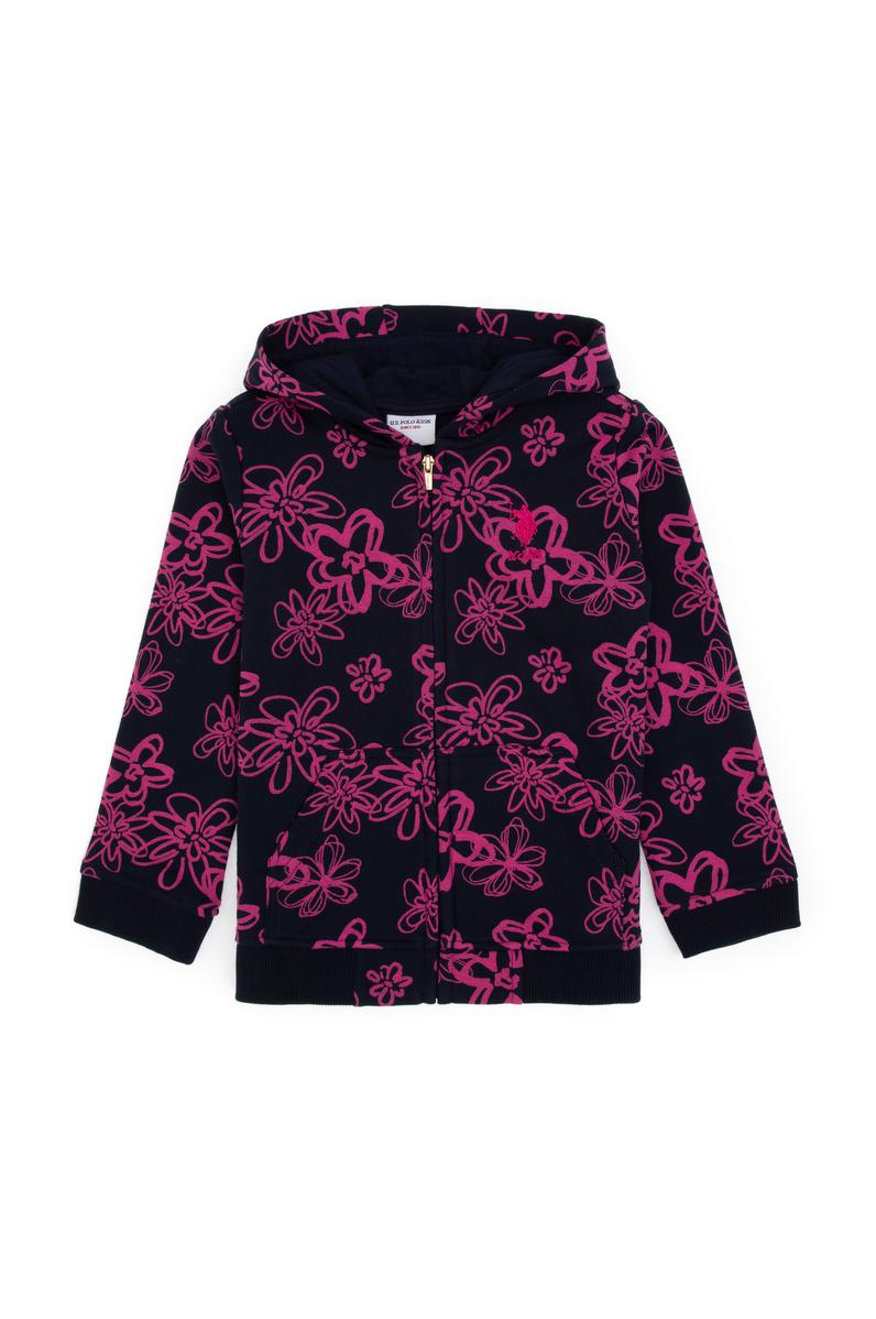 Kız Çocuk Lacivert Kapüşonlu Fermuarlı Çiçek Desenli Sweatshirt