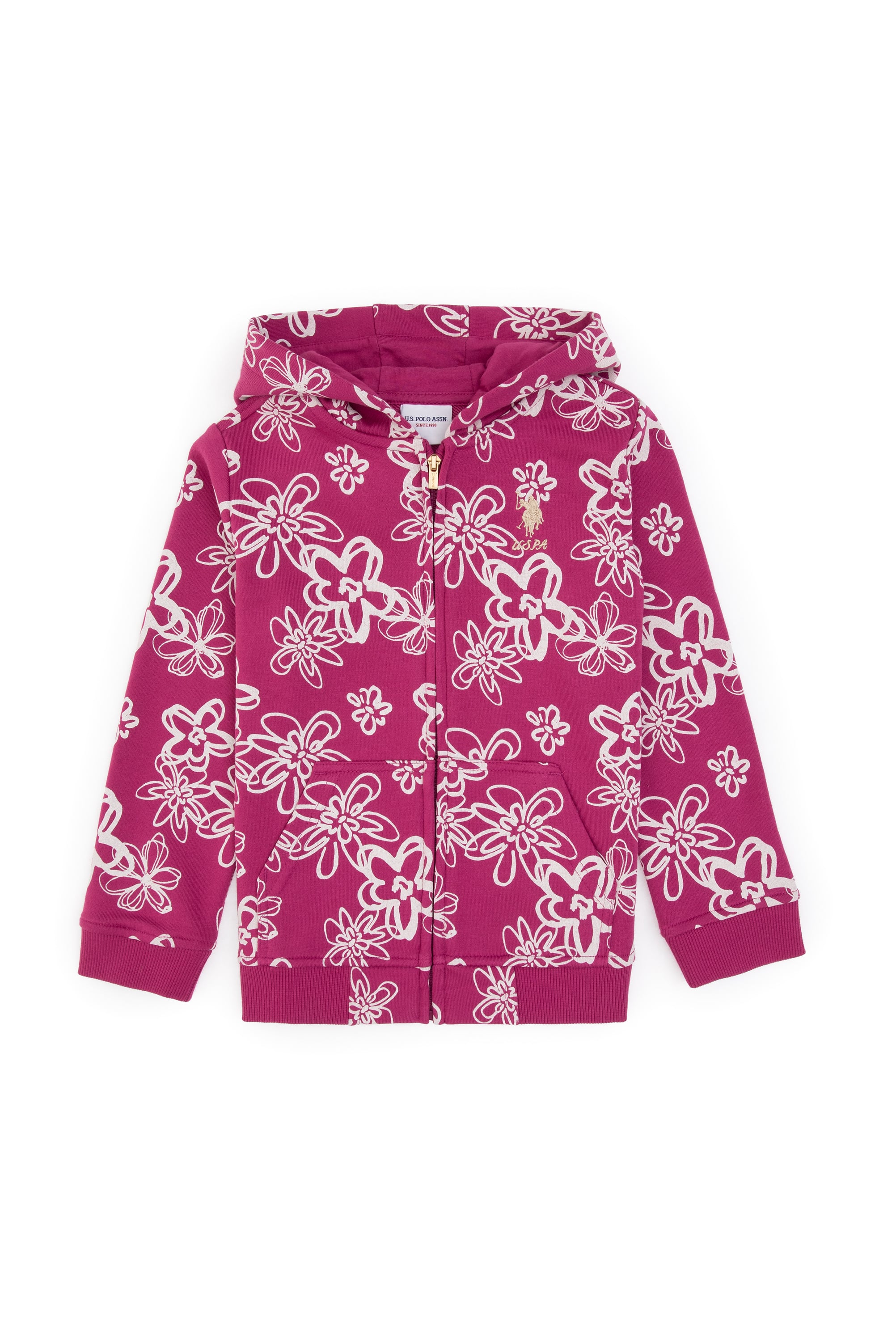 Kız Çocuk Pembe Kapüşonlu Fermuarlı Çiçekli Sweatshirt