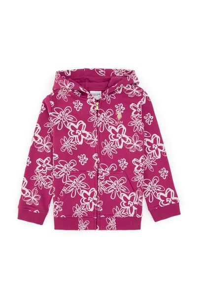 Kız Çocuk Pembe Kapüşonlu Fermuarlı Çiçekli Sweatshirt