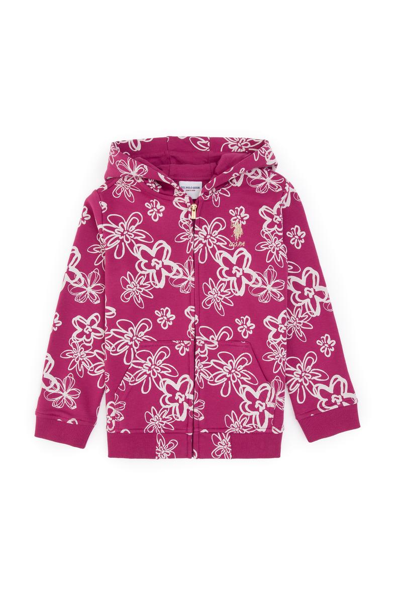 Kız Çocuk Pembe Kapüşonlu Fermuarlı Çiçekli Sweatshirt