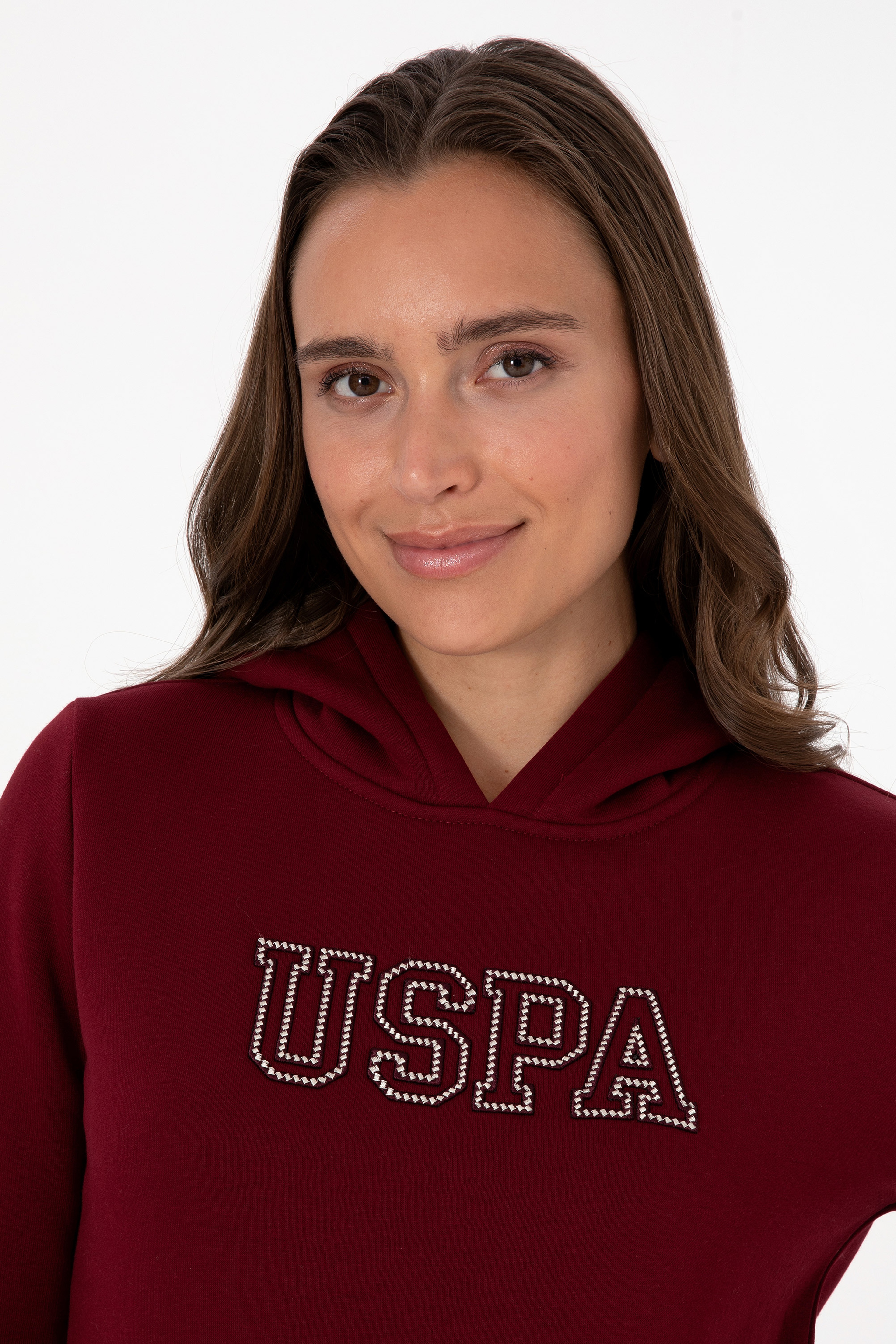 Kadın Bordo Şardonlu Kapüşonlu Basic Sweatshirt - Image 2