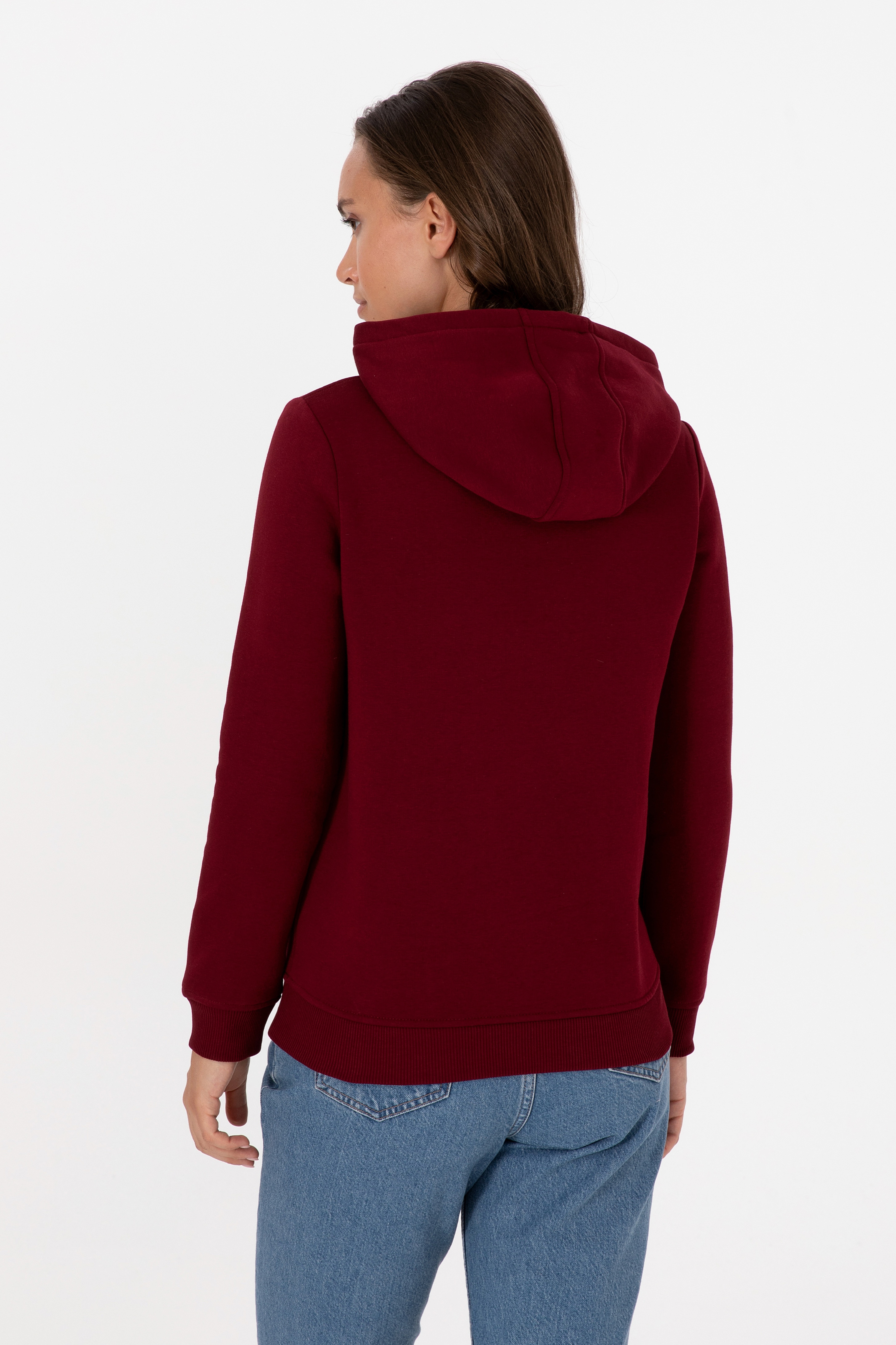 Kadın Bordo Şardonlu Kapüşonlu Basic Sweatshirt - Image 5