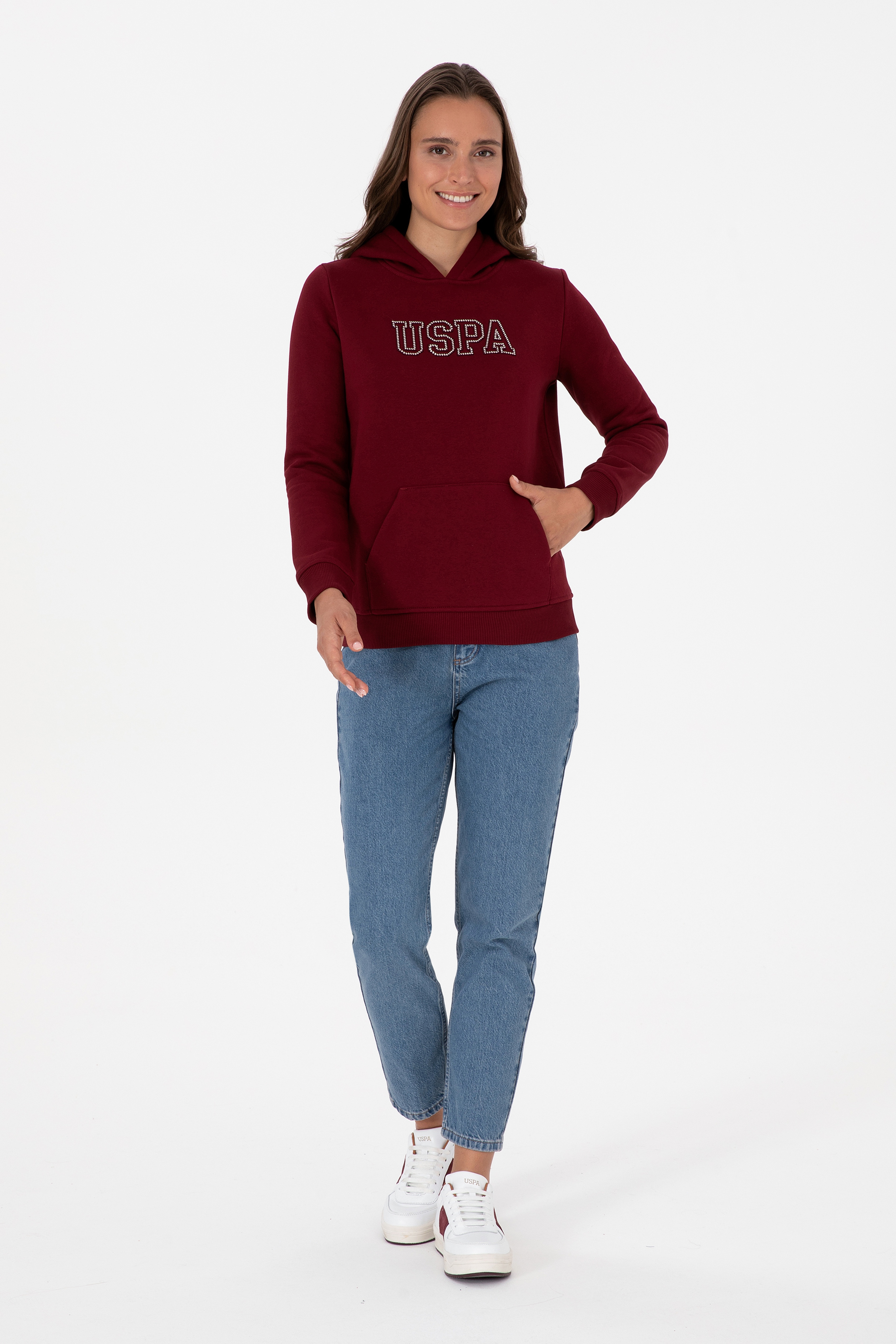 Kadın Bordo Şardonlu Kapüşonlu Basic Sweatshirt