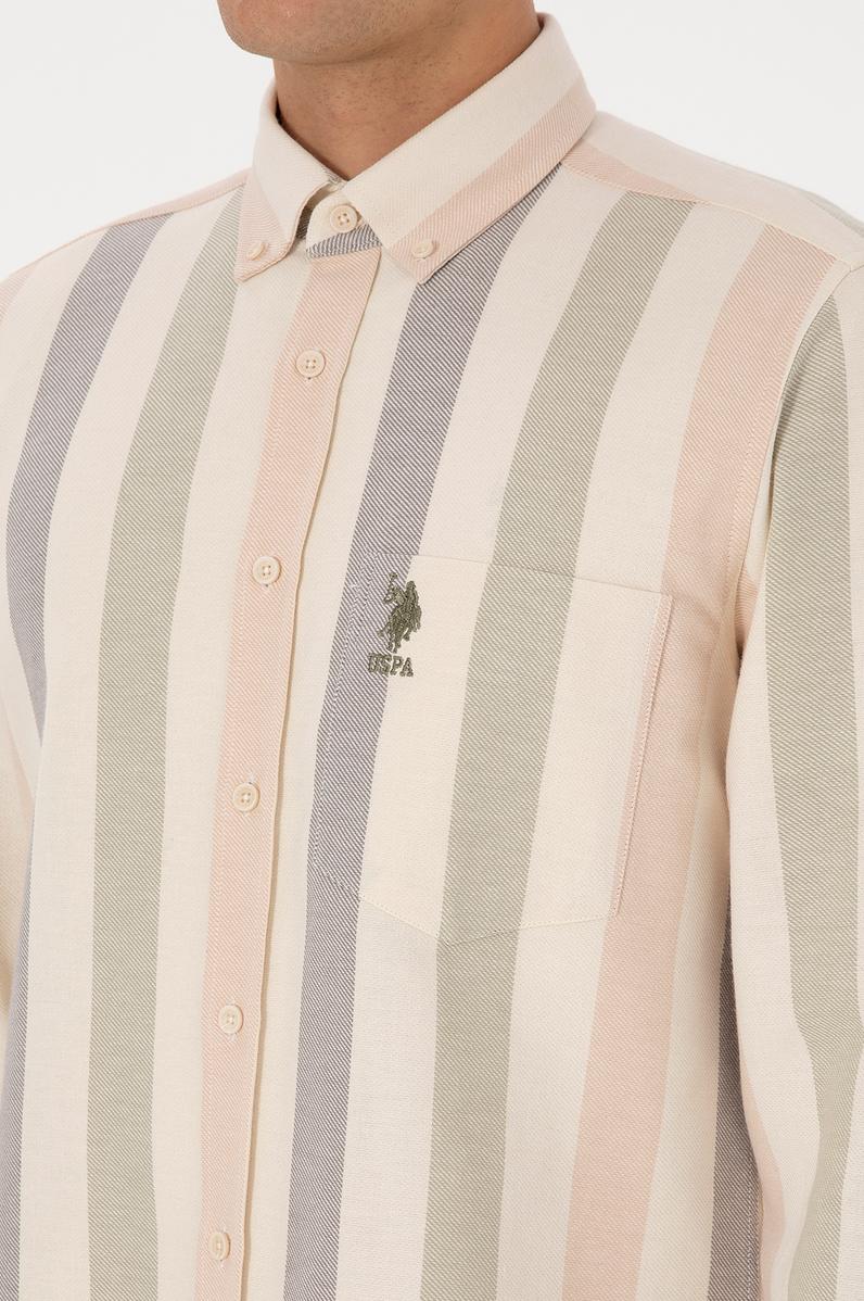 Erkek Krem Uzun Kollu Çizgili Gömlek