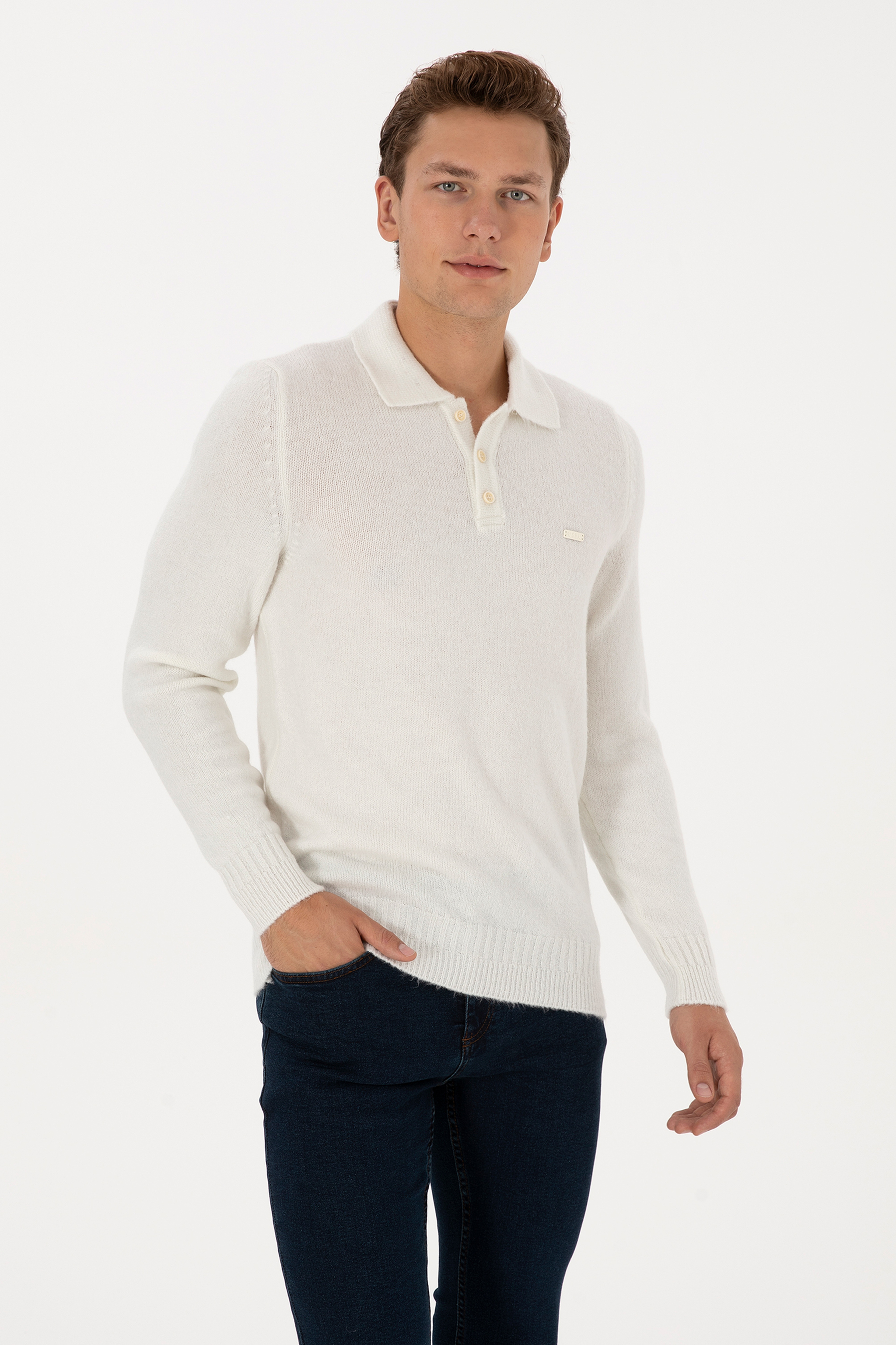 Erkek Regular Fit Polo Yaka Krem Kazak - Image 3