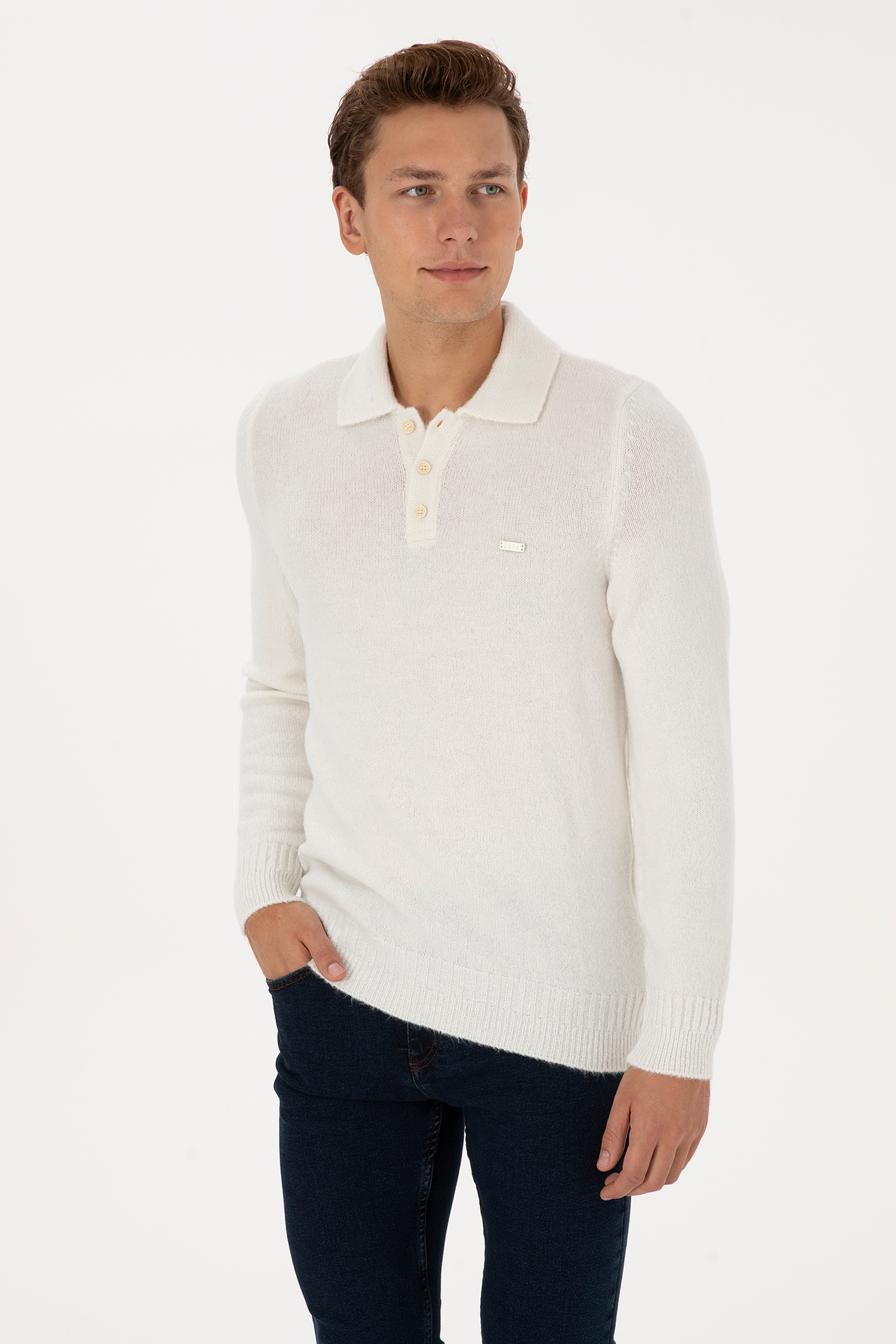 Erkek Regular Fit Polo Yaka Krem Kazak - Image 1