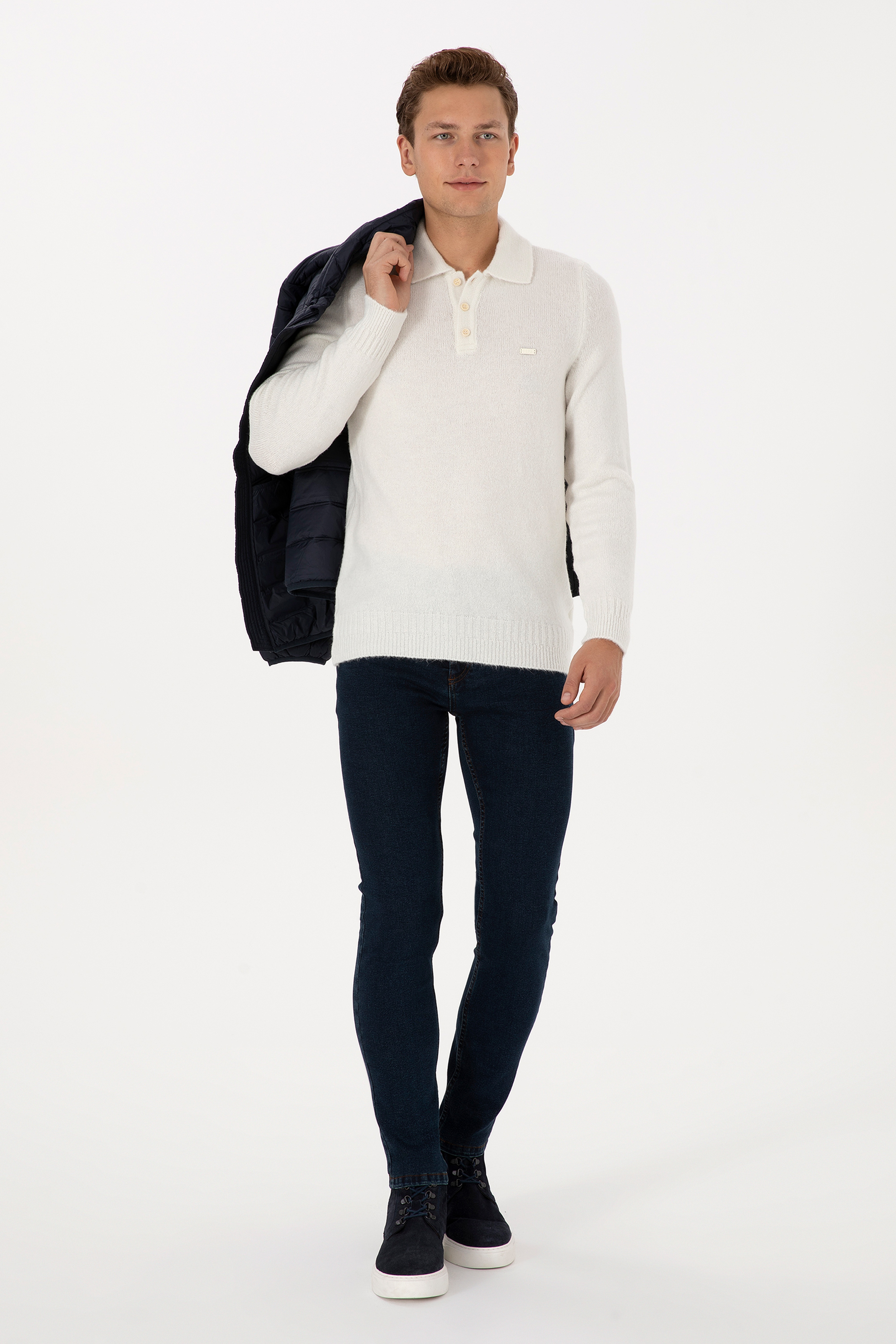 Erkek Regular Fit Polo Yaka Krem Kazak - Image 4