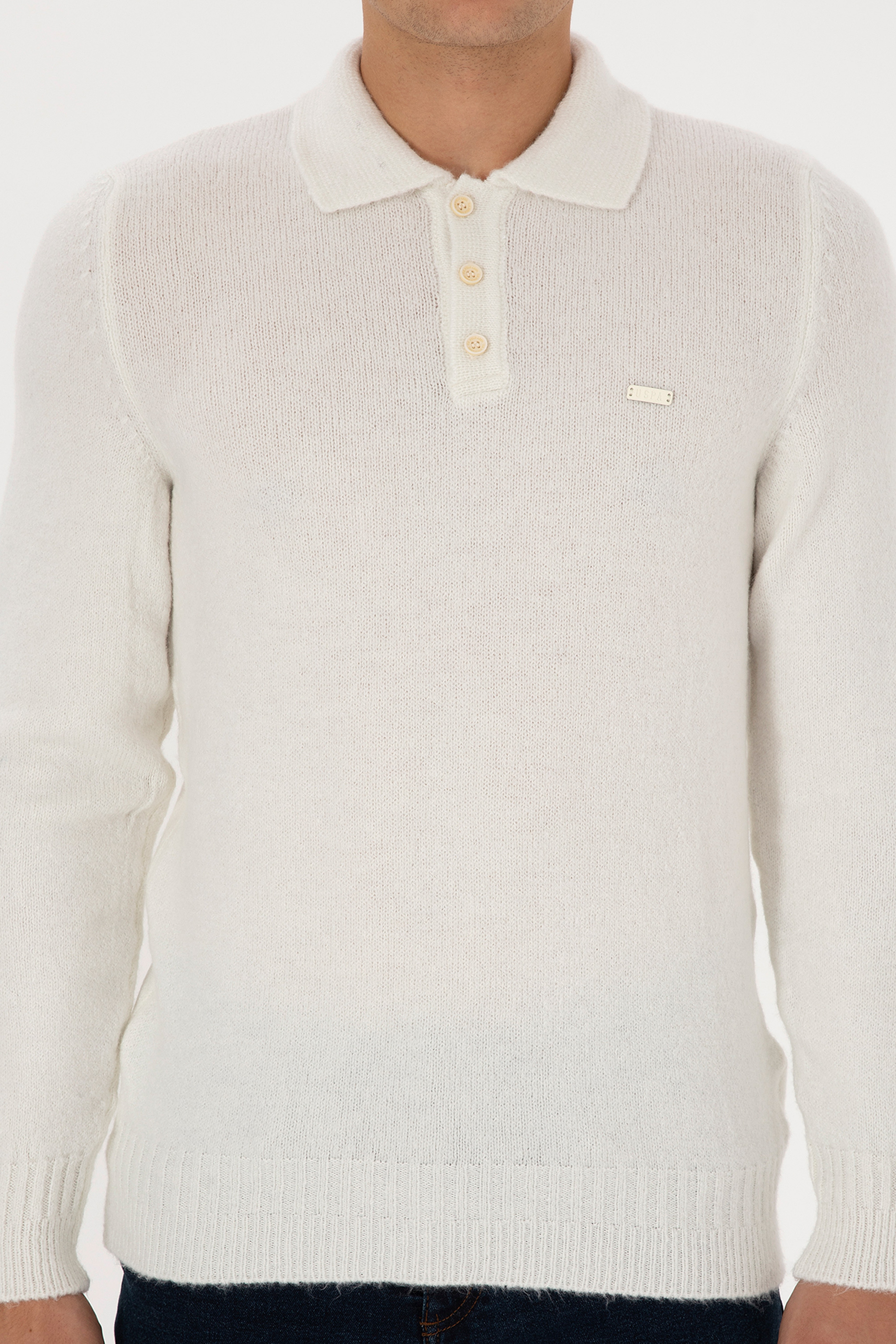 Erkek Regular Fit Polo Yaka Krem Kazak