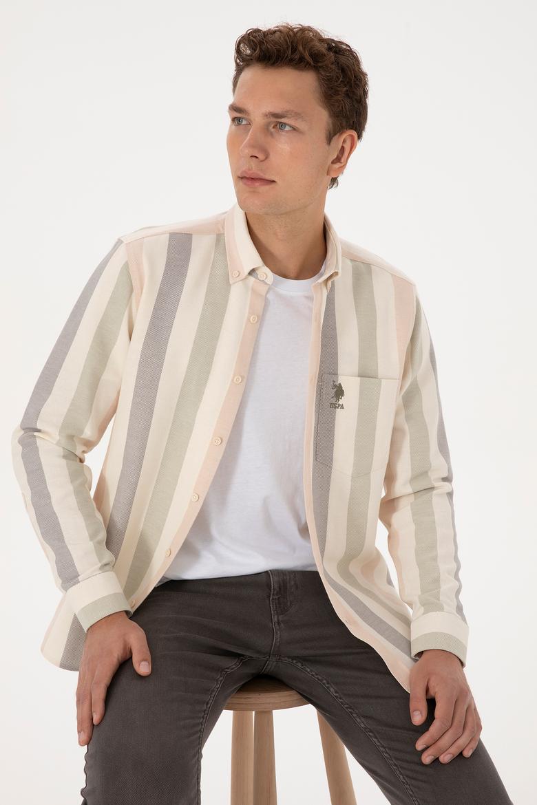 Erkek Krem Uzun Kollu Çizgili Gömlek - 50308261028