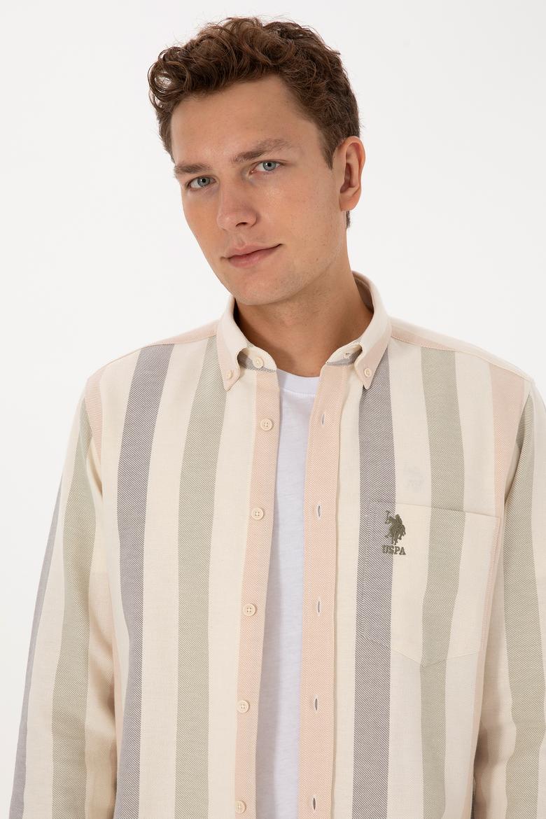 Erkek Krem Uzun Kollu Çizgili Gömlek - 50308261028