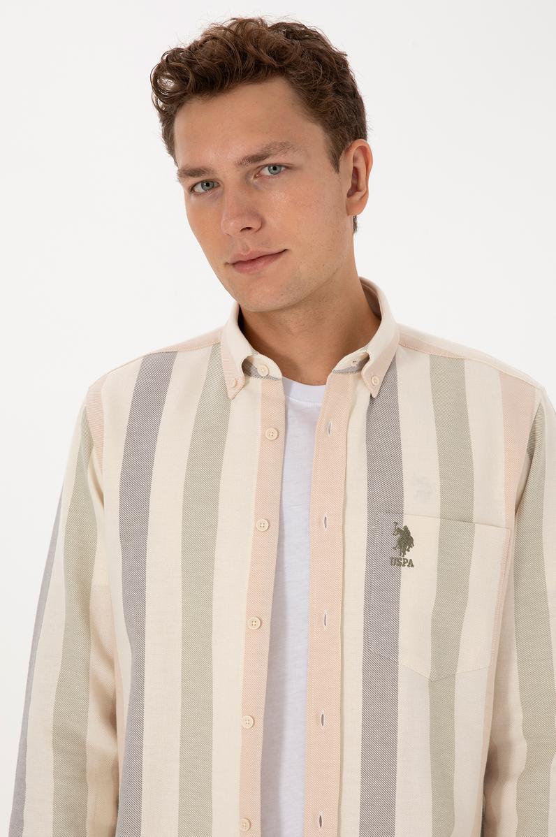 Erkek Krem Uzun Kollu Çizgili Gömlek