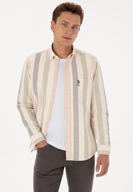 Erkek Krem Uzun Kollu Çizgili Gömlek - 50308261028