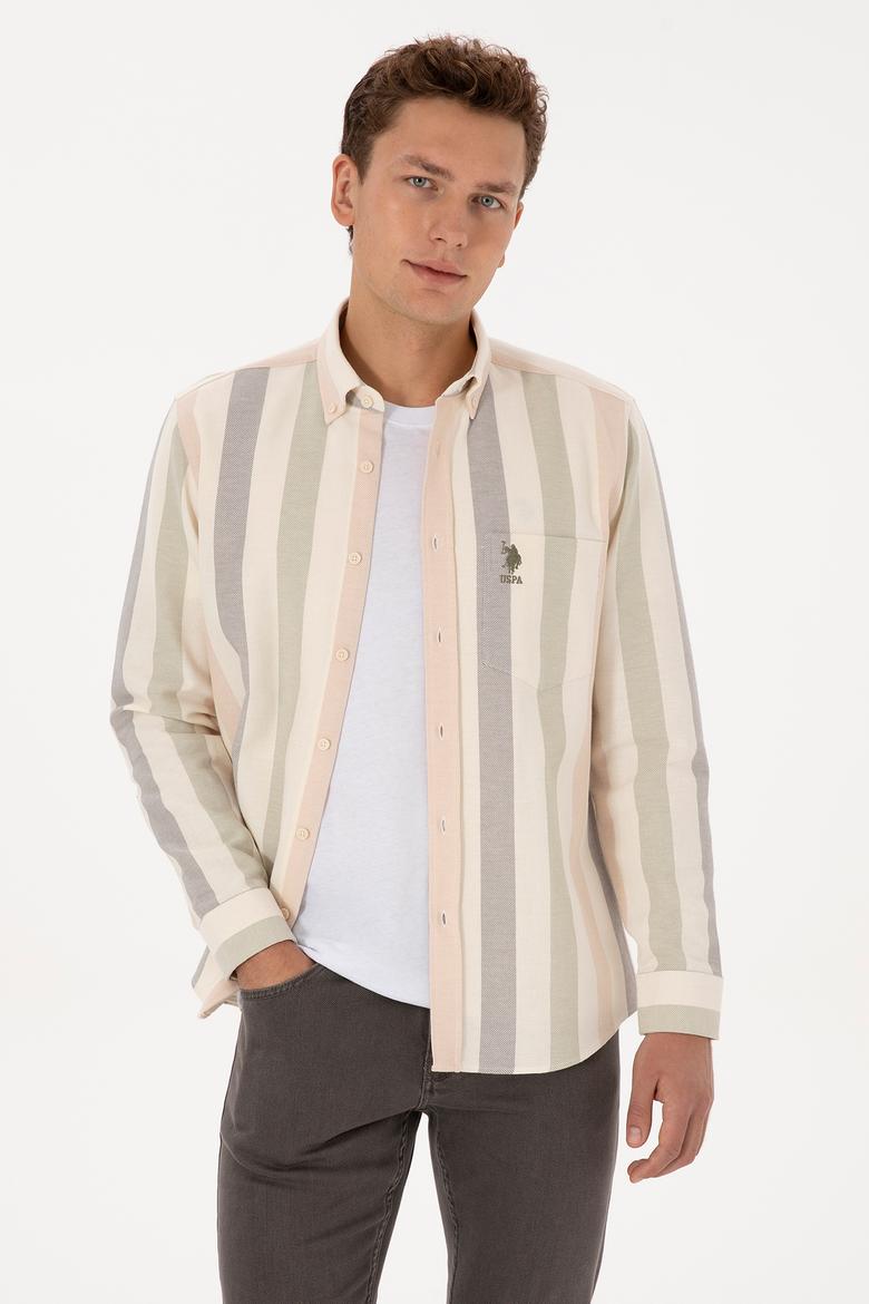 Erkek Krem Uzun Kollu Çizgili Gömlek