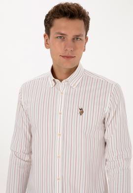 Erkek Bordo Çizgili Uzun Kollu Beyaz Gömlek - 50308516008