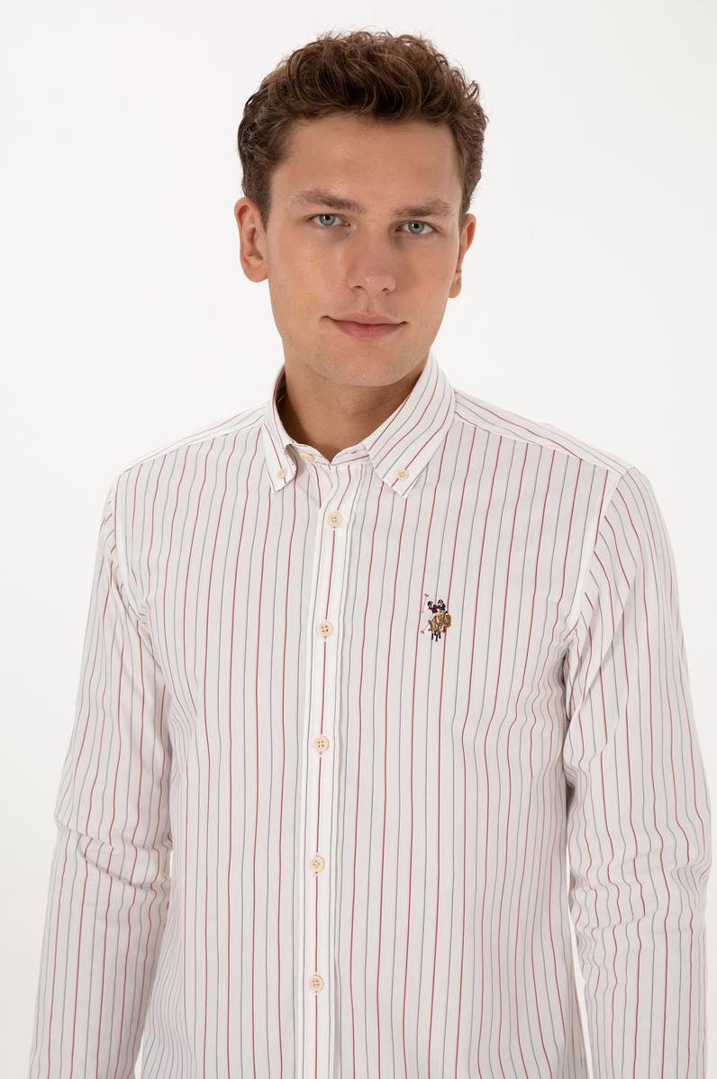 Erkek Bordo Çizgili Uzun Kollu Beyaz Gömlek