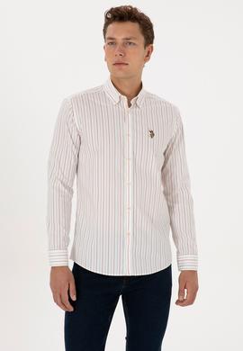 Erkek Bordo Çizgili Uzun Kollu Beyaz Gömlek - 50308516008