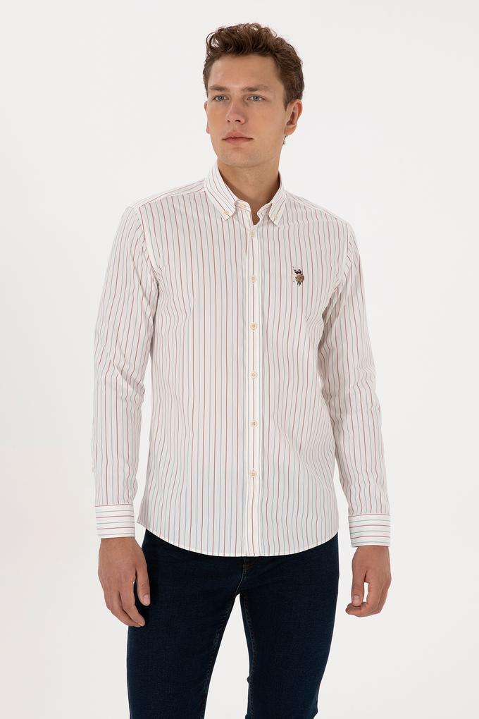 Erkek Bordo Çizgili Uzun Kollu Beyaz Gömlek