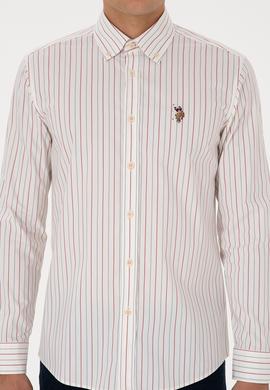 Erkek Bordo Çizgili Uzun Kollu Beyaz Gömlek - 50308516008