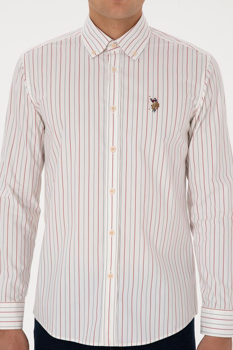 Erkek Bordo Çizgili Uzun Kollu Beyaz Gömlek - 50308516008