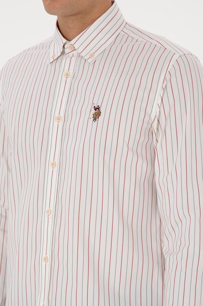 Erkek Bordo Çizgili Uzun Kollu Beyaz Gömlek