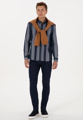 Erkek Koyu Yeşil Çizgili Uzun Kollu Gömlek - 50308219008