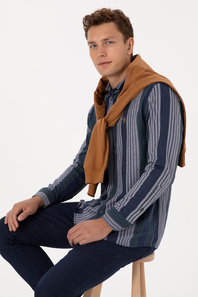 Erkek Koyu Yeşil Çizgili Uzun Kollu Gömlek