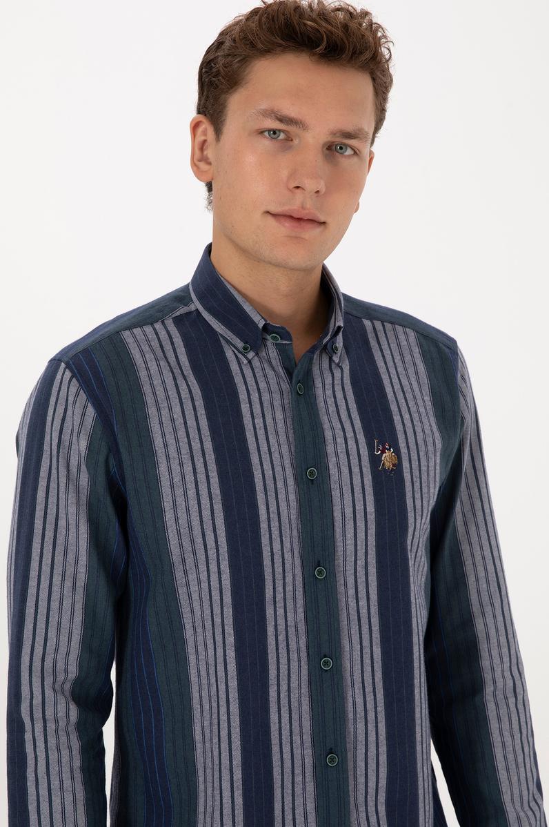 Erkek Koyu Yeşil Çizgili Uzun Kollu Gömlek