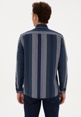 Erkek Koyu Yeşil Çizgili Uzun Kollu Gömlek - 50308219008